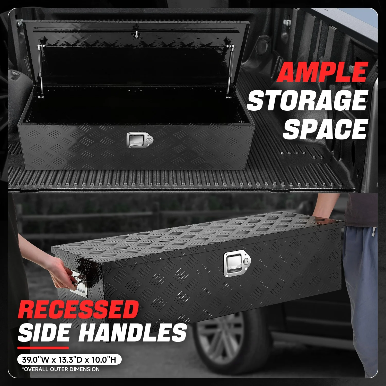 DNA Motoring 39"x13.4"x10" Aluminum Tool Box Pickup Truck Bed RV Trailer Storage w/Lock & Key Black - Image 3
