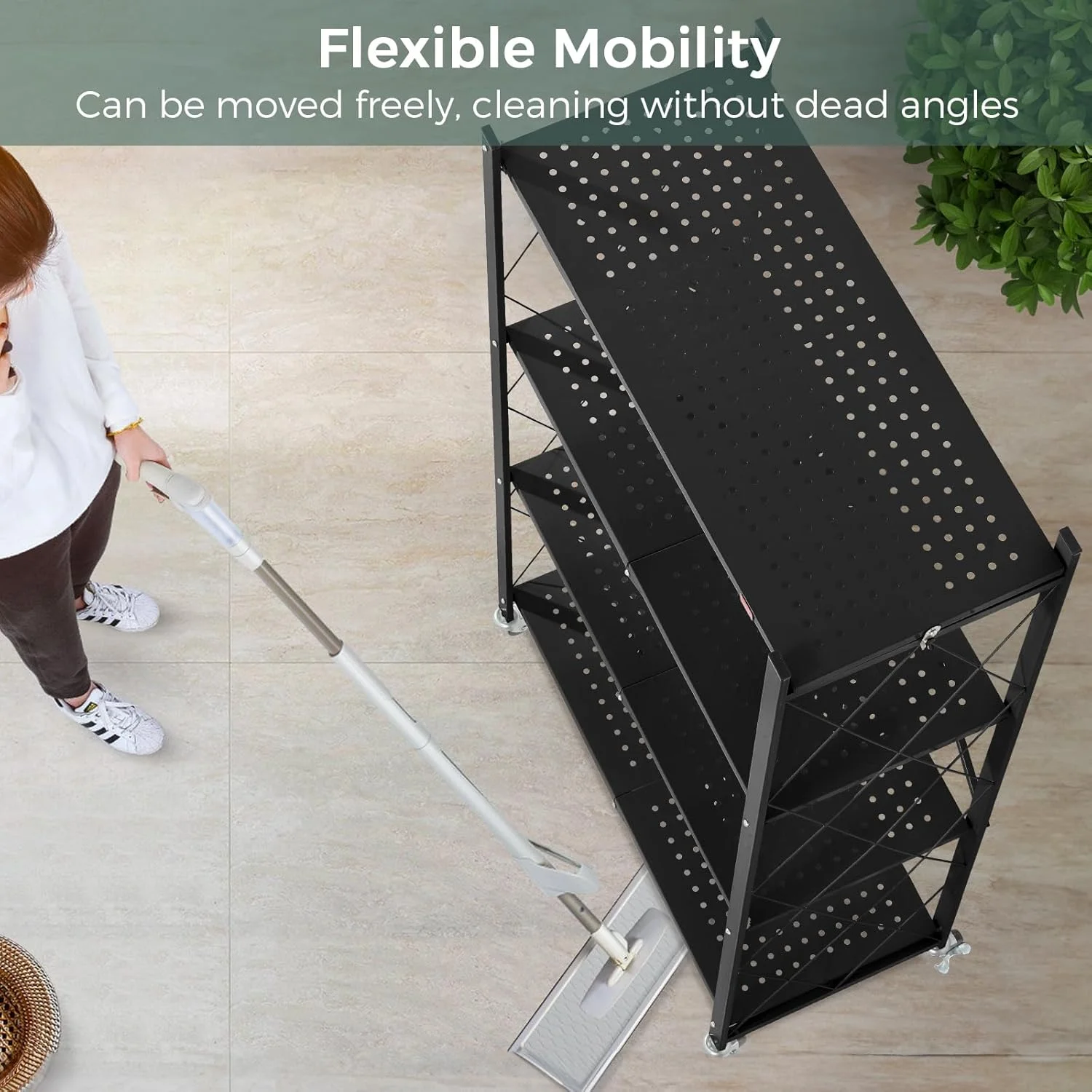 4 Tier Foldable Storage Shelves with Wheels, Large Capacity Shelving Unit, Freestanding Metal Wire Shelf Rack, No Assembly Organizer Rack for Garage Kitchen, Basement, Pantry(Black) - Image 12