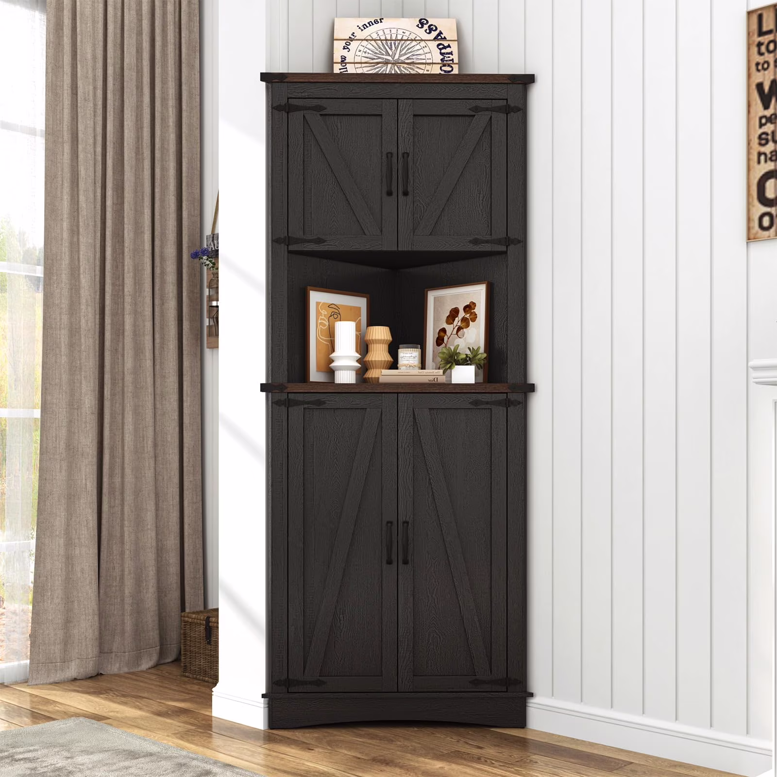 Blotout 68" Tall Farmhouse Corner Cabinet with 4 Doors, 28.3" W Barn Door Storage Cabinet with Adjustable Shelves, 5 Tier Corner Storage Cabinet for Bathroom,Living Room,Kitchen - Image 8