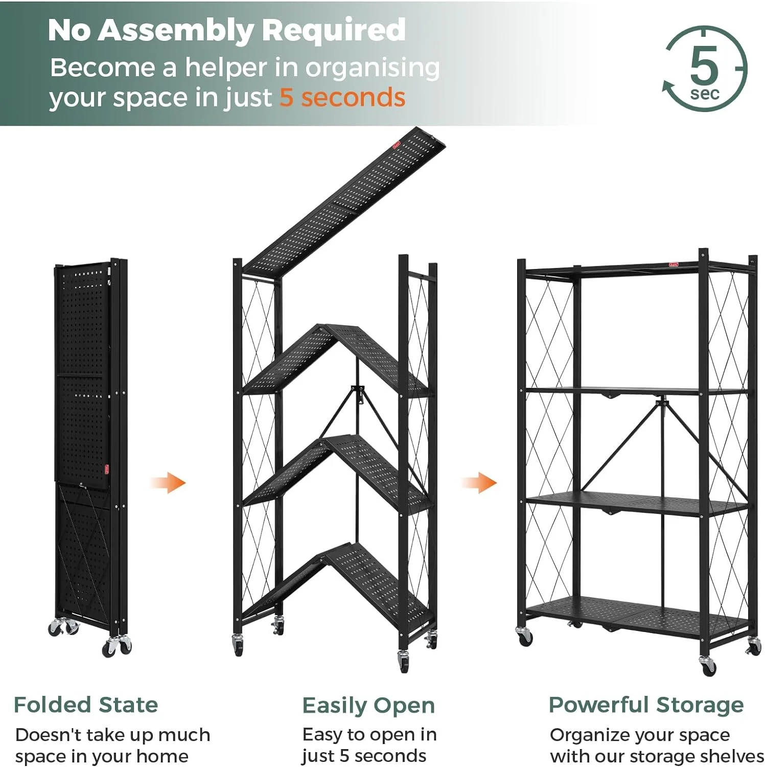 4 Tier Foldable Storage Shelves with Wheels, Large Capacity Shelving Unit, Freestanding Metal Wire Shelf Rack, No Assembly Organizer Rack for Garage Kitchen, Basement, Pantry(Black) - Image 7