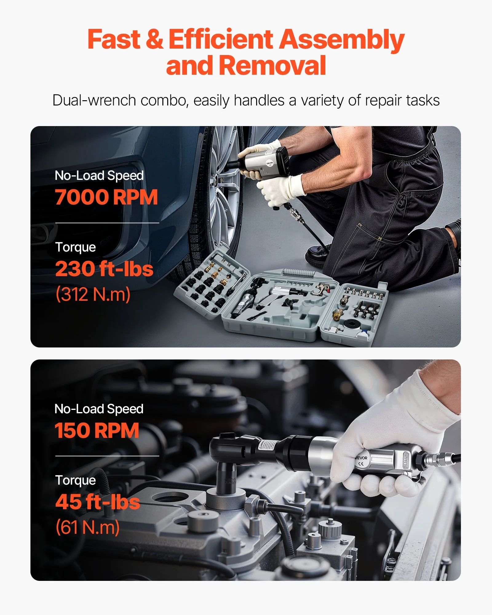 VEVOR 50 Pieces Pro Air Tool and Accessories Kit - 1/2" Air Impact Wrench, 3/8" Ratchet Wrench, 4500BPM Hammer, Blow Gun & Full Accessories for Auto Repairs, Home DIY Projects - with Storage Case - Image 3