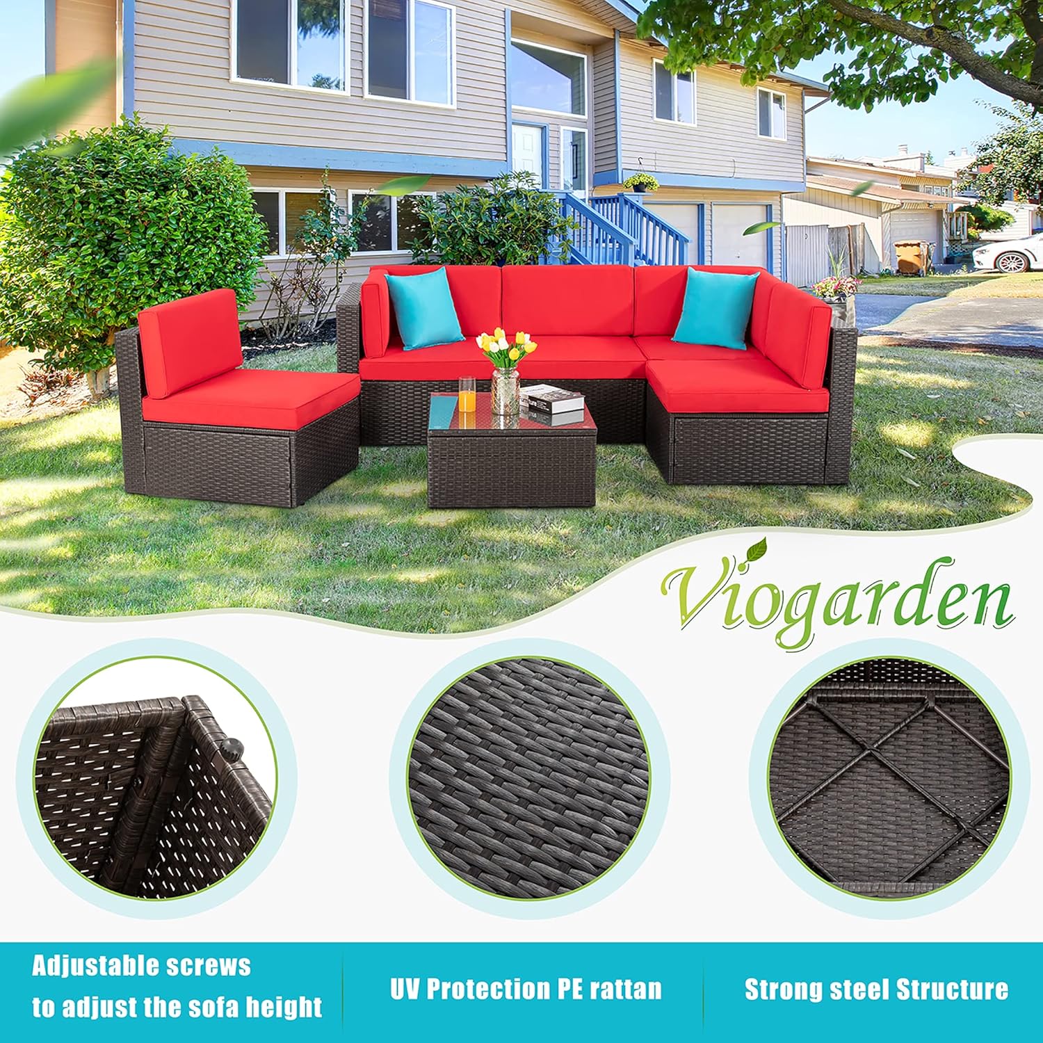 5-Piece All-Weather Patio Furniture Set with Ottoman, Outdoor Wicker Conversation Sofa Set with Cushions for Garden, Deck & Backyard - Image 42