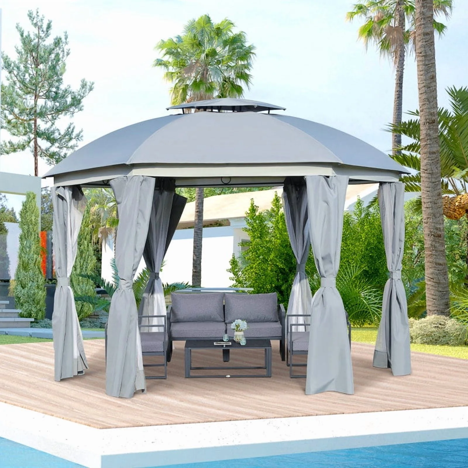 Outsunny 12' x 12' Round Outdoor Gazebo, Patio Dome Gazebo Canopy Shelter with Double Roof, Netting Sidewalls and Curtains, Zippered Doors, Strong Steel Frame, Grey On-Site - Image 2