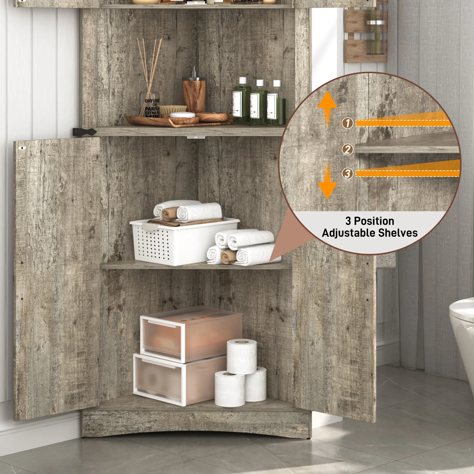 Blotout 68" Tall Farmhouse Corner Cabinet with 4 Doors, 28.3" W Barn Door Storage Cabinet with Adjustable Shelves, 5 Tier Corner Storage Cabinet for Bathroom,Living Room,Kitchen - Image 12