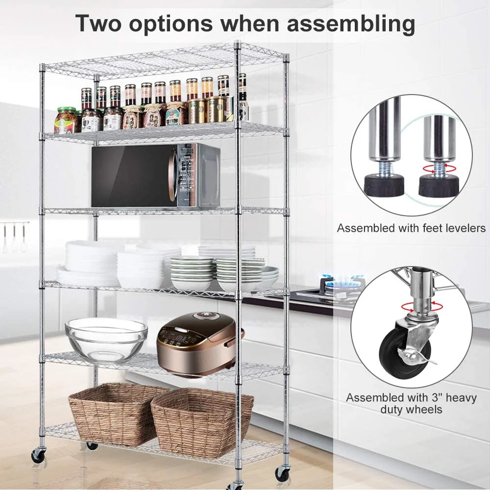 6 Tier Layer Wire Shelving Unit Heavy Duty Adjustable Storage Shelves with Wheels Easy to Assemble Metal Wire Shelf Standing Garage Shelves Multifunctional Storage Rack Grade Utility Shelf Rack - Image 3