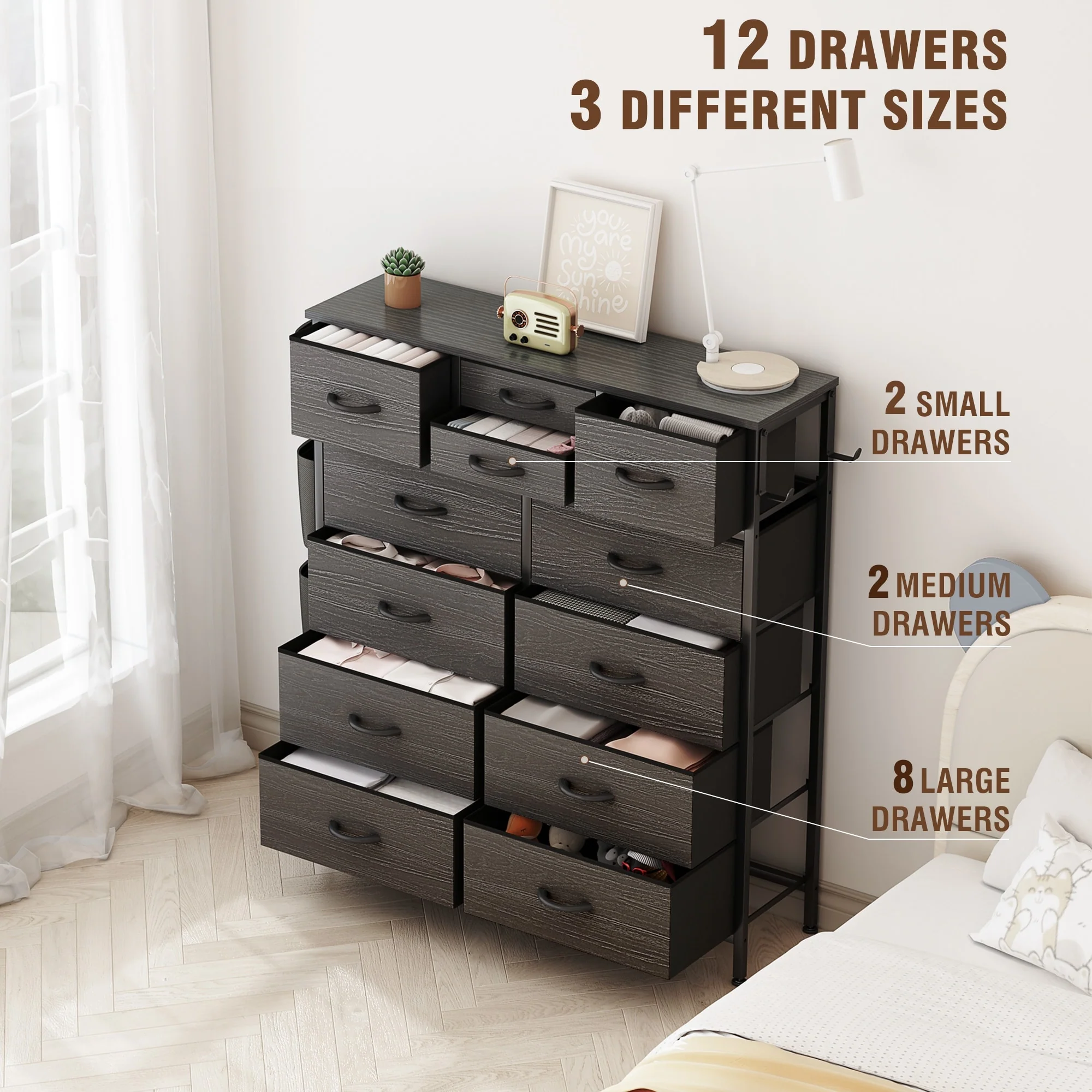 12 Drawer Fabric Dresser, Tall Bedroom Chest of Drawers with Storage - Image 32