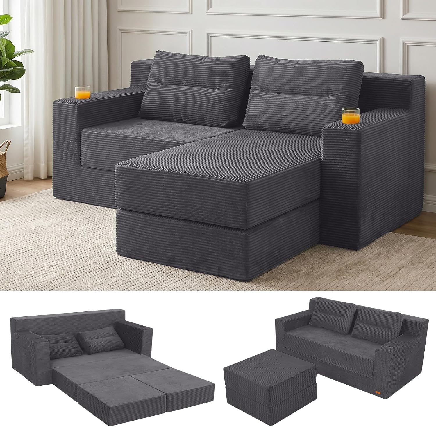 Convertible Futon Sofa Bed, 59" Folding Boneless Loveseat Small Couch - Image 3