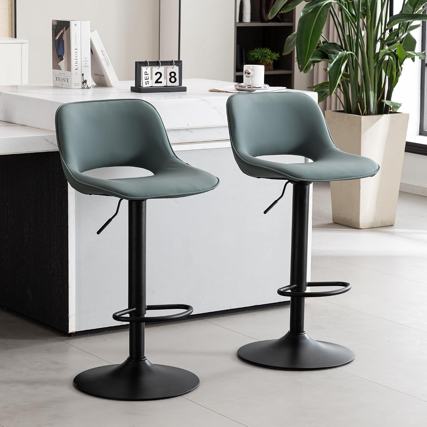 Bar Stools Set of 2 Modern Swivel Barstools, Compact Adjustable Counter Height Bar Stools, Faux Leather Upholstered Counter Stools with Hollow Back for Kitchen Island, Brown - Image 10
