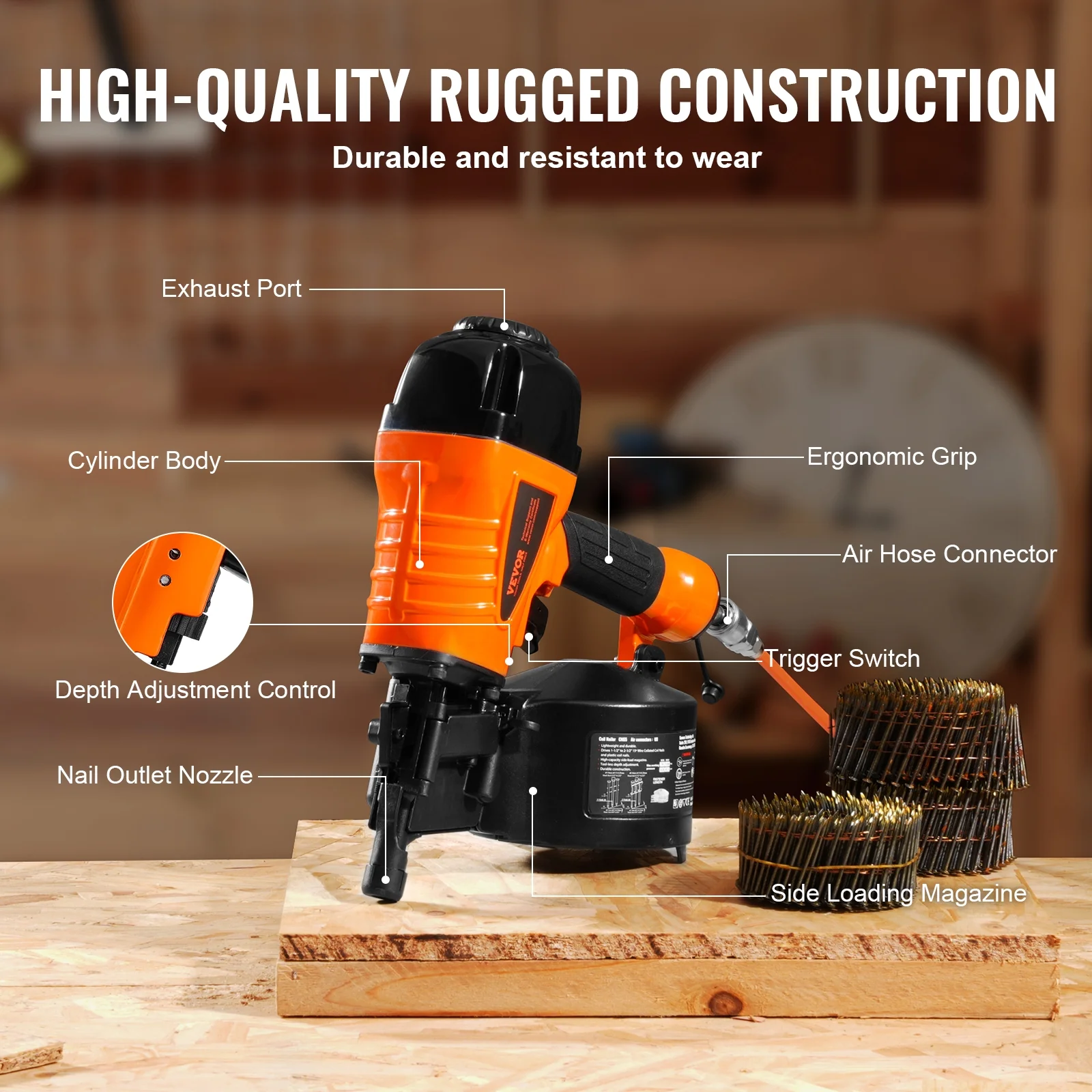 VEVOR Coil Siding Nailer CN65, 1-1/4" to 2-1/2" 15 Degree Pneumatic Siding Nail Gun with Tool-Less Depth Adjustment, 70-120PSI Air Coil Nailer for Siding, Pallet Sheathing, Wooding, Fencing - Image 5