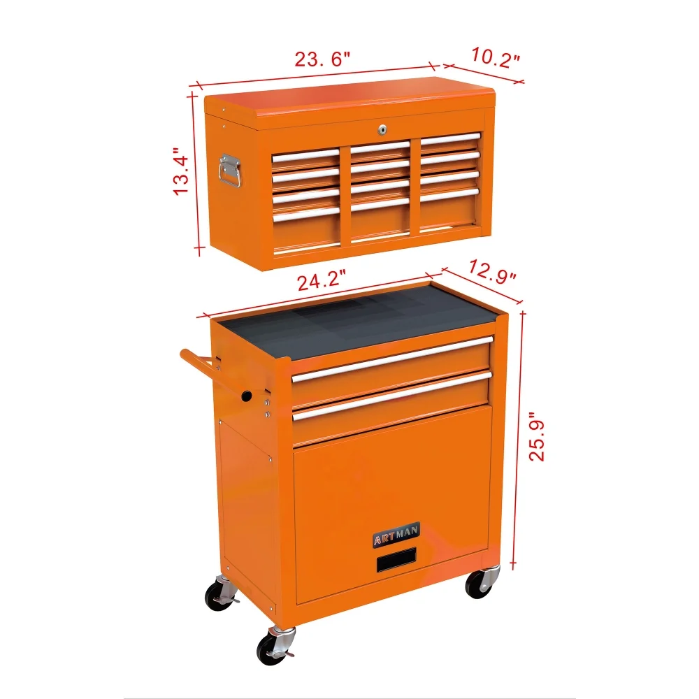 8-Drawer Rolling Tool Chest with Wheels, Removable Tool Box with Locking System, Tool Box Organizer with Hooks, Large Capacity Garage Storage Cabinet for Warehouse, Garage, Repair Shop, Orange - Image 10