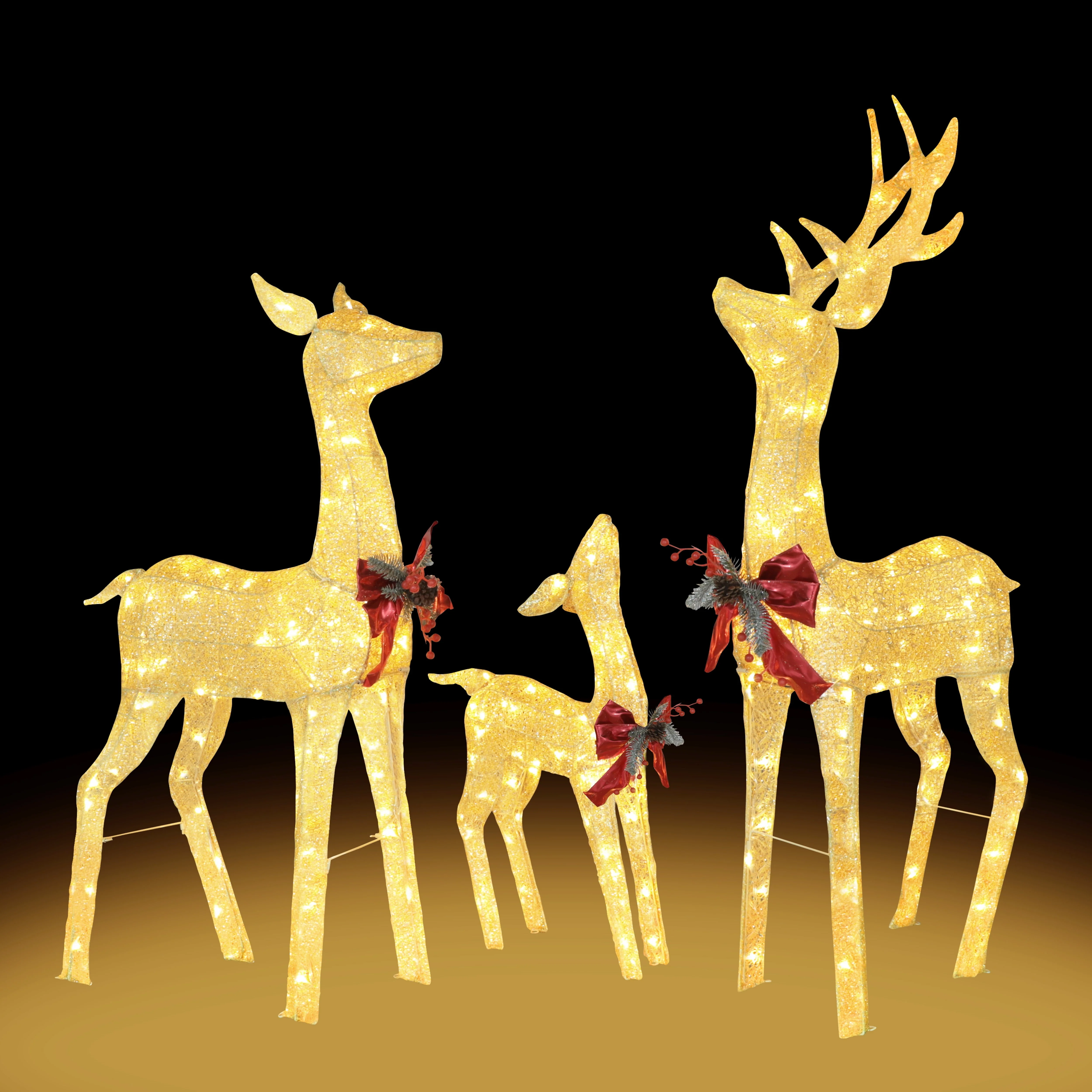 VEIKOUS Christmas Lighted Deer Family Set Outdoor Decor w/ 200 Warm Lights Reindeer Christmas Decor, Ground Stakes and Zip Ties, Gold