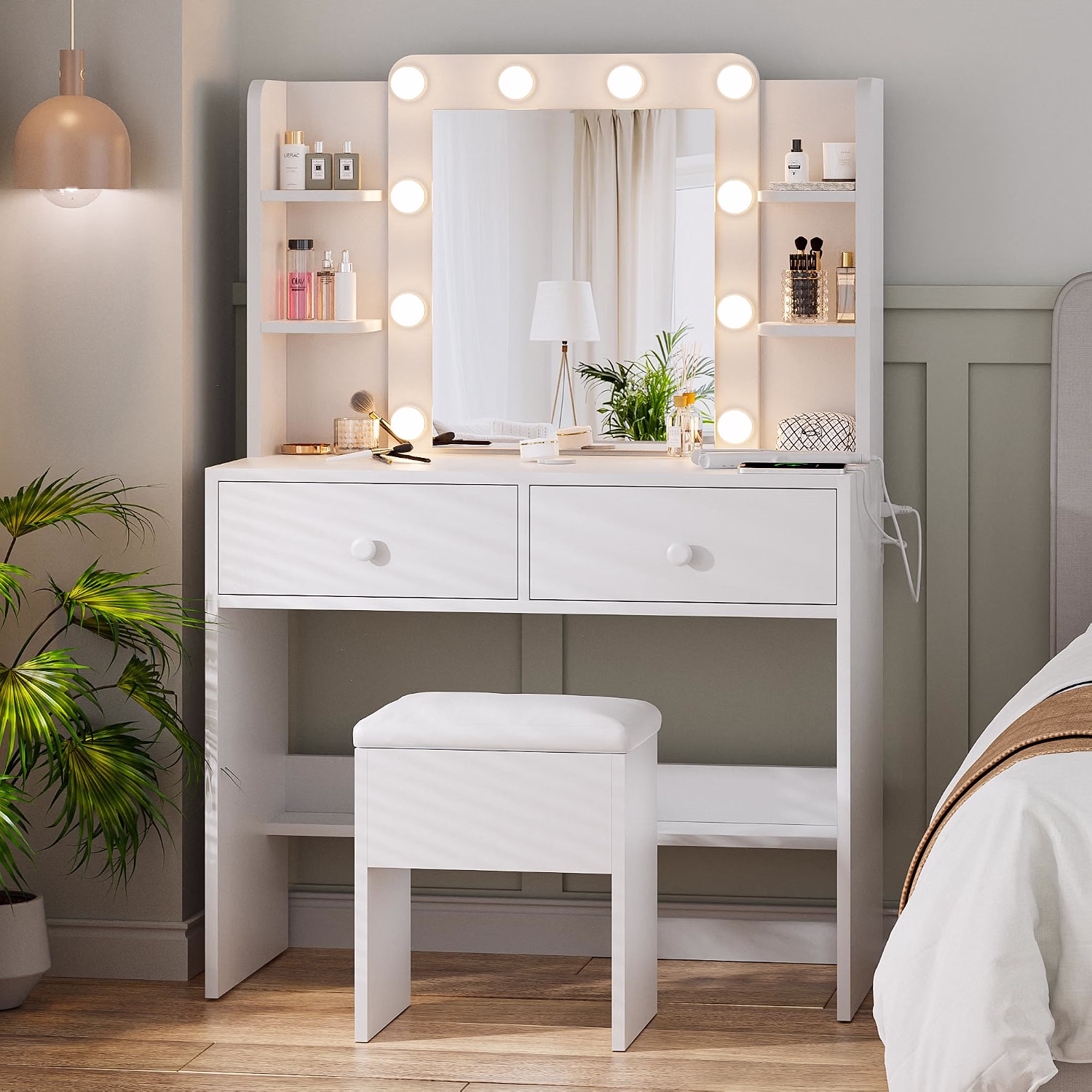 Makeup Vanity Desk with Lighted Mirror and Chair Set, White