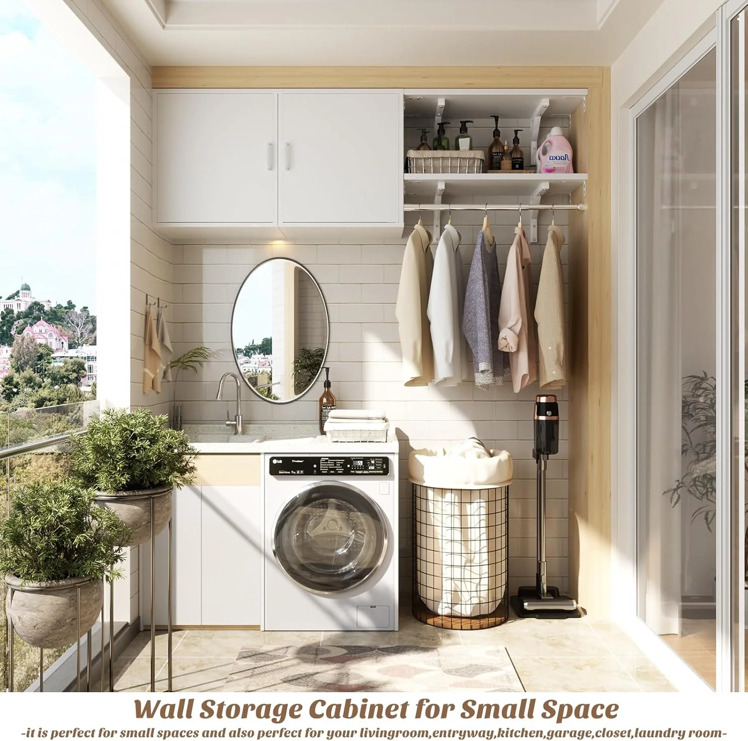 Homieasy Wall Mounted Cabinet with Hanging Rod, 65'' Wide Laundry Cabinet with 2 Shelves and Doors, Reversible, Small Storage Cabinet for Laundry, Bedroom, 300+ LBS Weight Capacity, White - Image 8