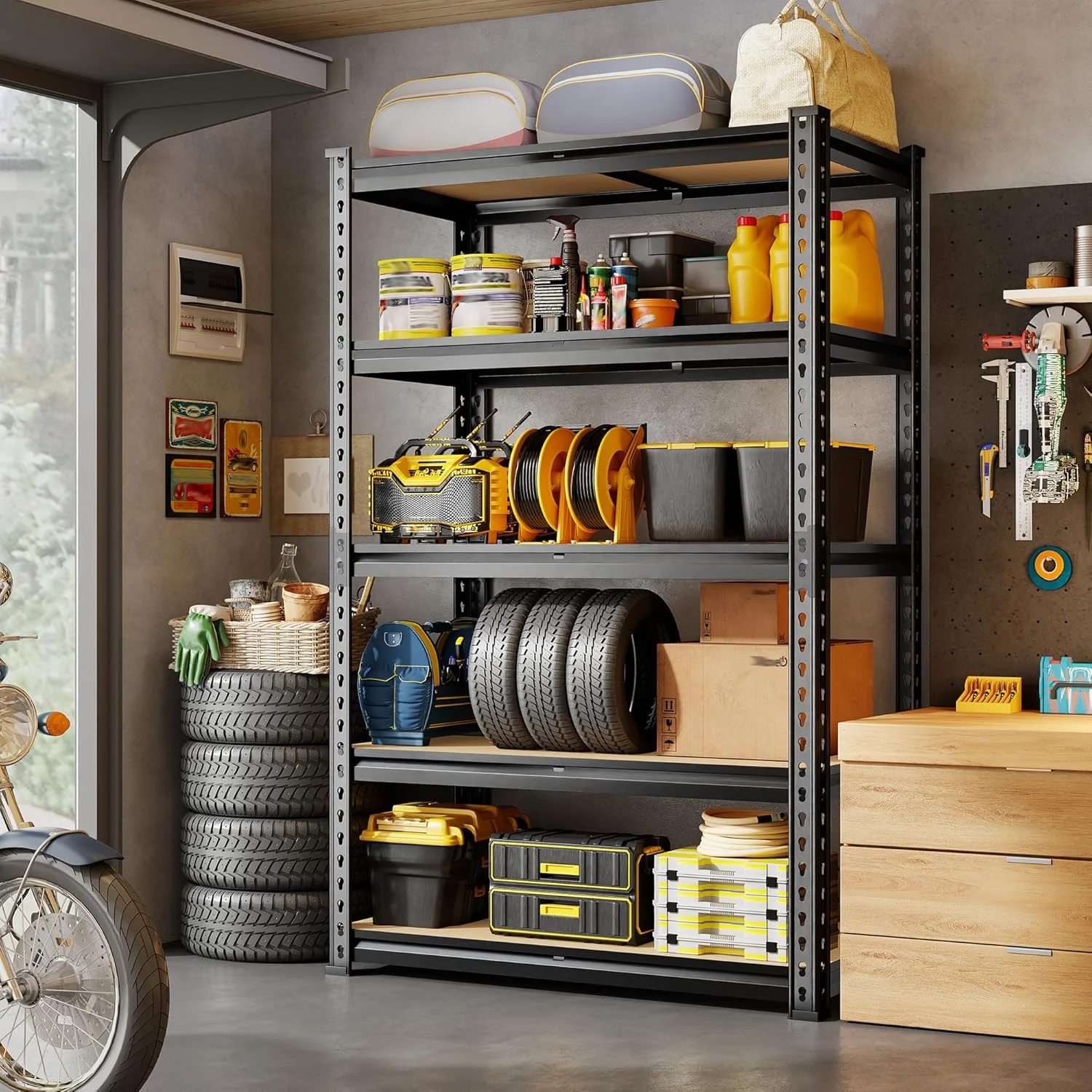 72.12" H Garage Shelving, Storage Shelves Load 2100LBS, 5-Tier Adjustable Shelving Unit with Thickened Wooden Boards for Multiple Scenarios, 72.12" H x 35.55" W x 11.85" D, Black - Image 2