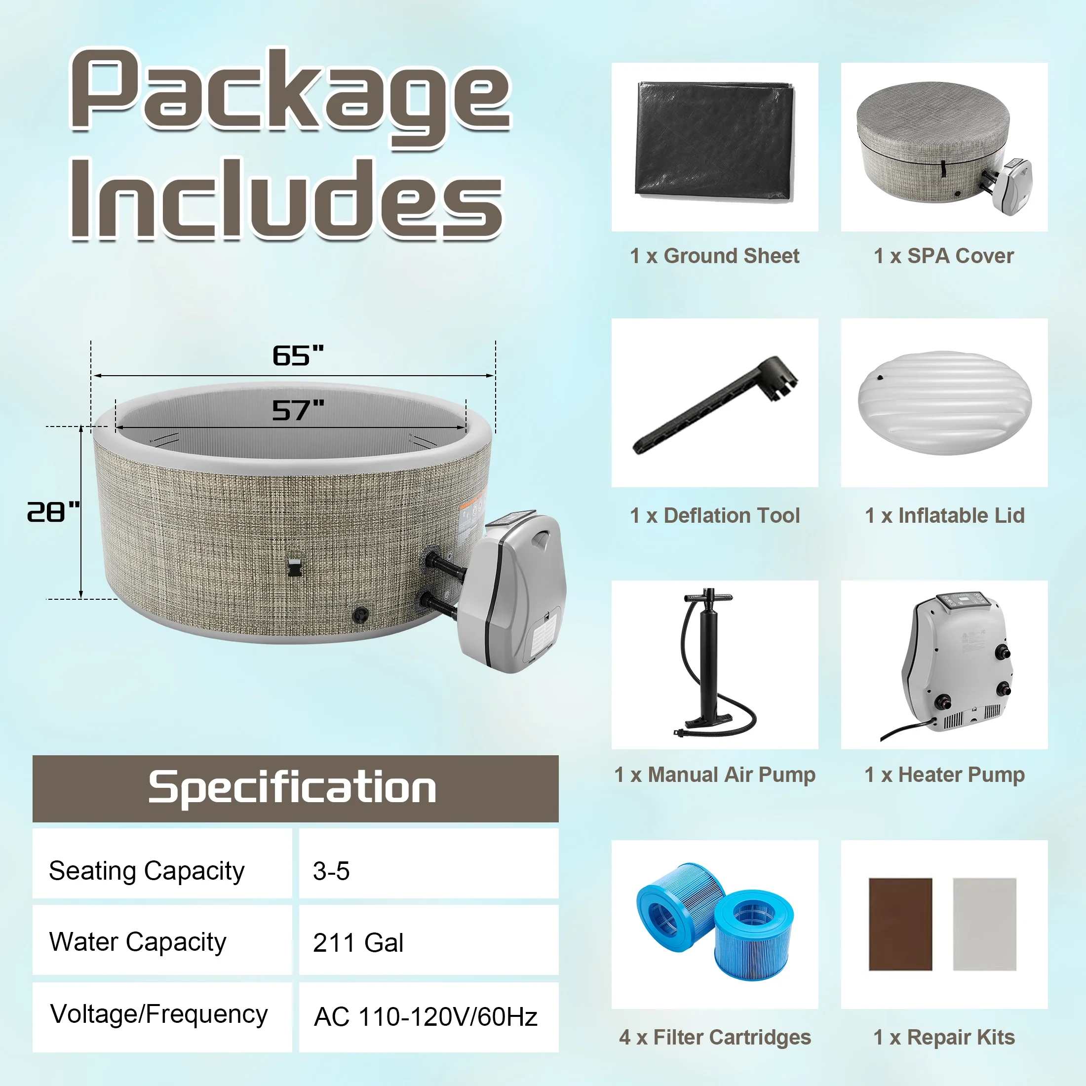 Segmart Inflatable Hot Tub, 3 to 5 Person Outdoor Hot Tub Spa, Portable Round Hot Tub w/100 Jets, Heater Pump, Tub Cover, Ground Cloth, 211Gal Capacity, Fits for Backyard, Patio - Image 9