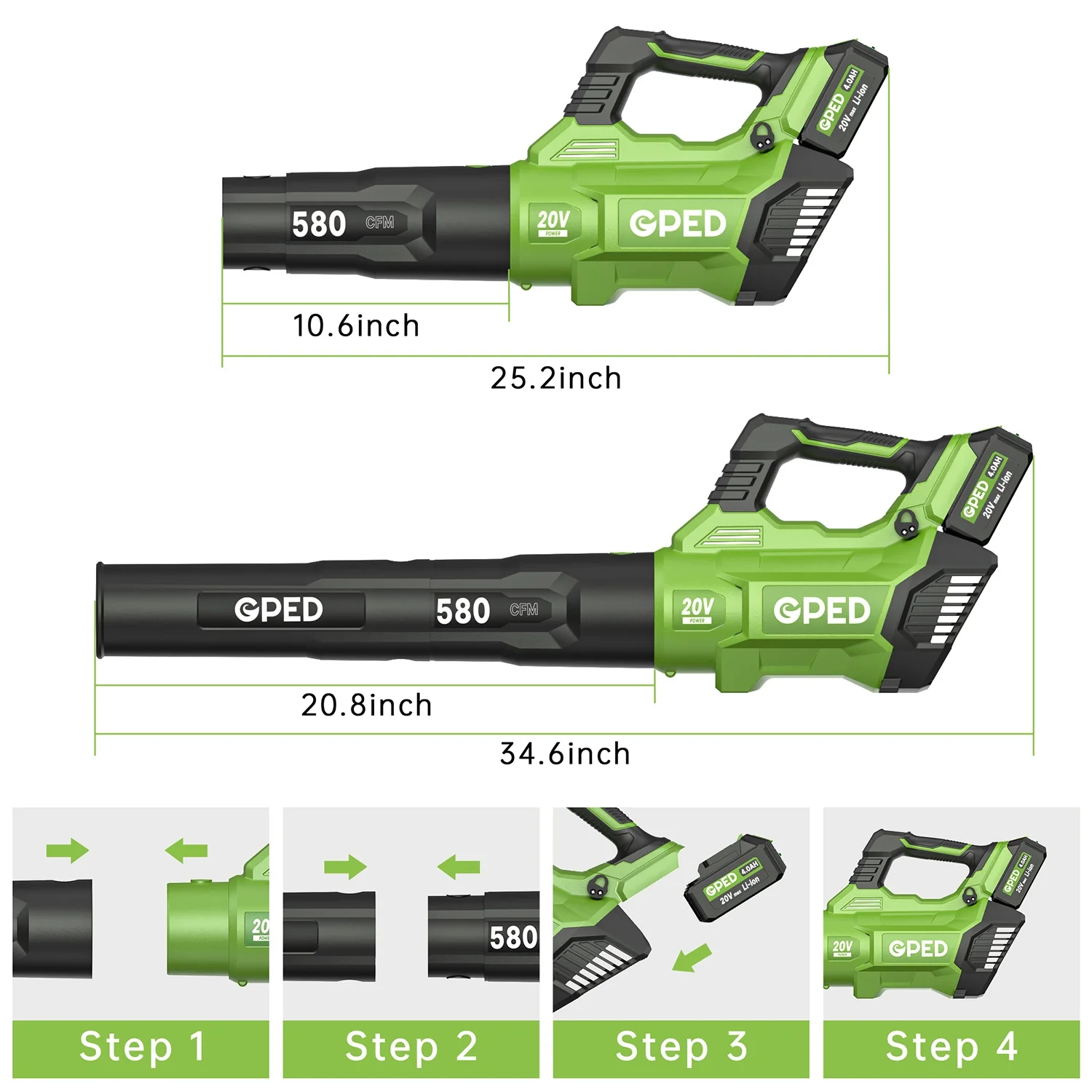 GPED Leaf Blower, 3 Speed Adjustment Electric Cordless Leaf Blower with 2 x 4.0Ah Batteries, Charger, Shoulder Strap, 580CFM/160MPH, Ideal for Patio Cleaning, Lawn Care, Blowing Leaves, Green - Image 4