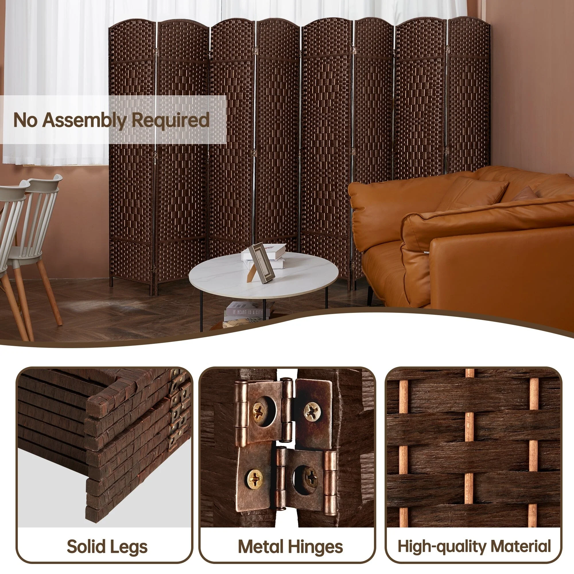 6 FT Tall Woven Fiber Room Divider, Freestanding Folding Privacy Screen - Image 18