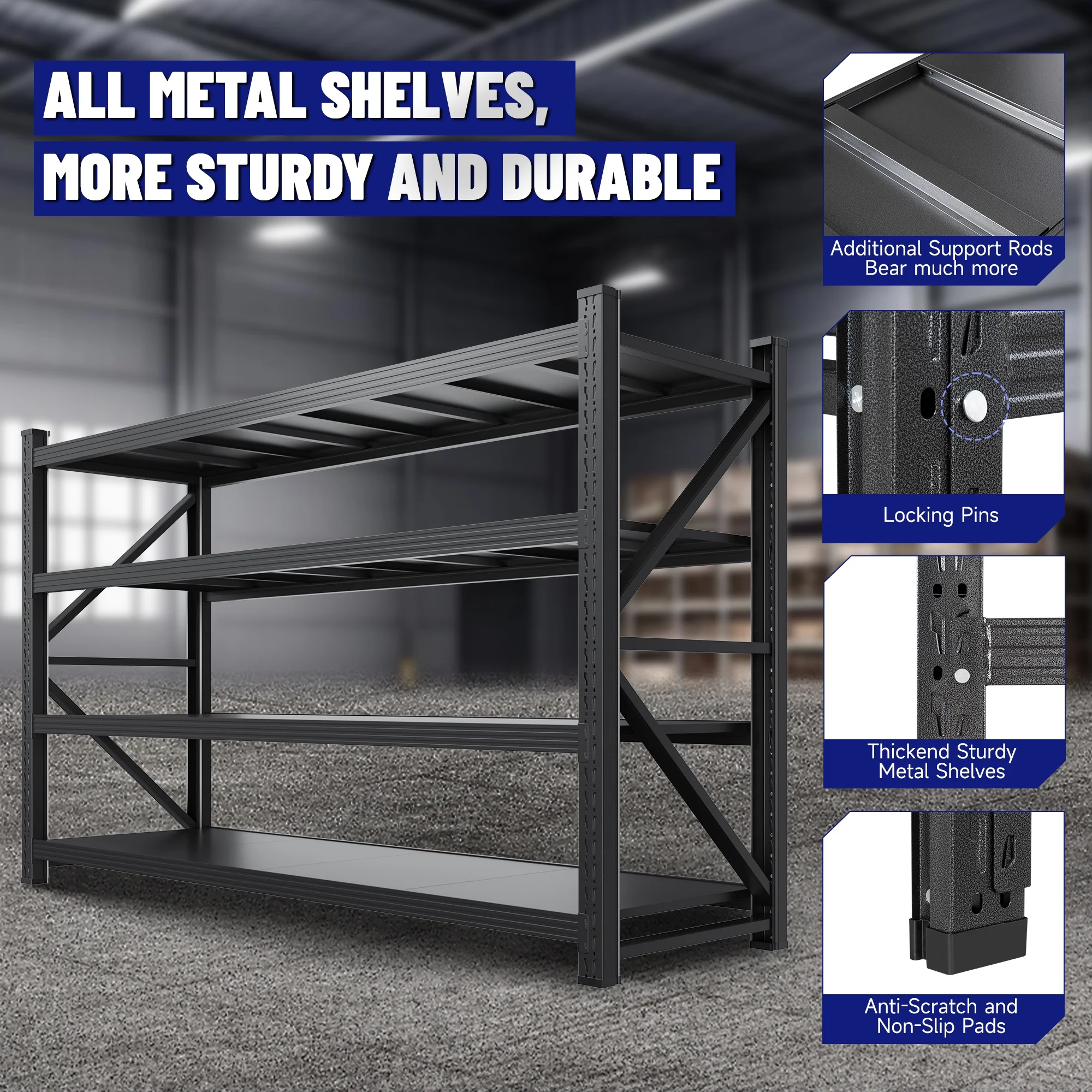 AUHUP 4-Tier Garage Storage Shelves 2400LBS Heavy Duty Metal Shelving 48" W Shelving Unit for Warehouse,Basement Industrial,Home Utility Rack Shelf, Black - Image 14