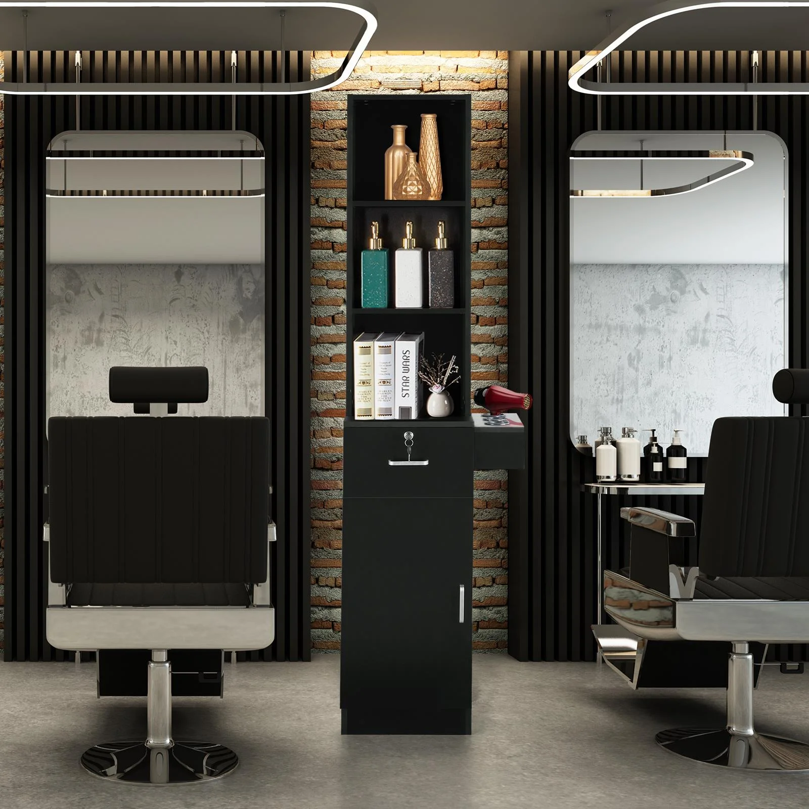 UBesGoo Barber Station Cabinet Wooden Hair Styling Storage Locker Beauty Salon Equipment, Black - Image 6