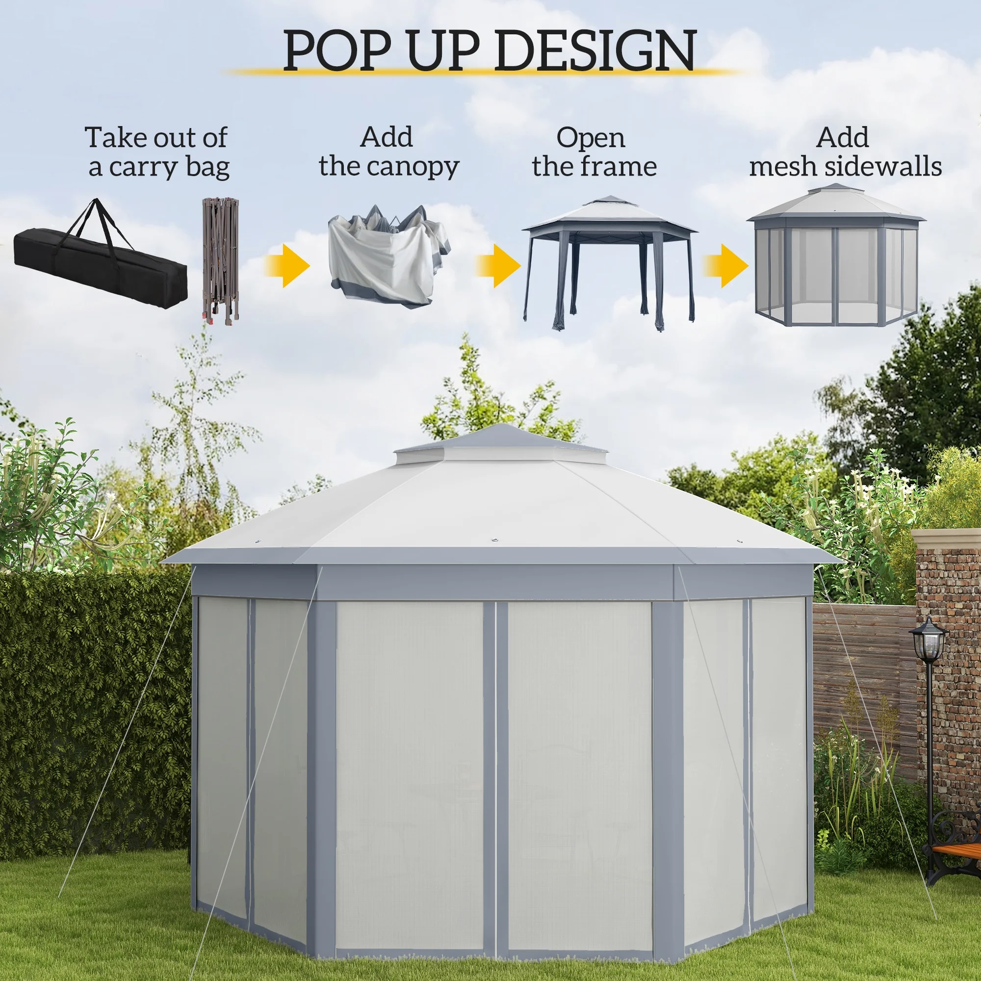 Outsunny 13' x 13' Pop Up Gazebo Hexagonal Canopy with 6 Zippered Mesh Netting, 2-Tier Roof Event Tent with Steel Frame for Patio Backyard, Gray - Image 4