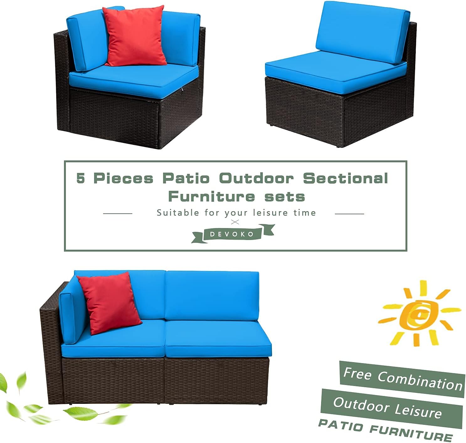 5-Piece All-Weather Patio Furniture Set with Cushions, Outdoor Wicker Conversation Sofa Set for Garden, Deck & Backyard - Image 34