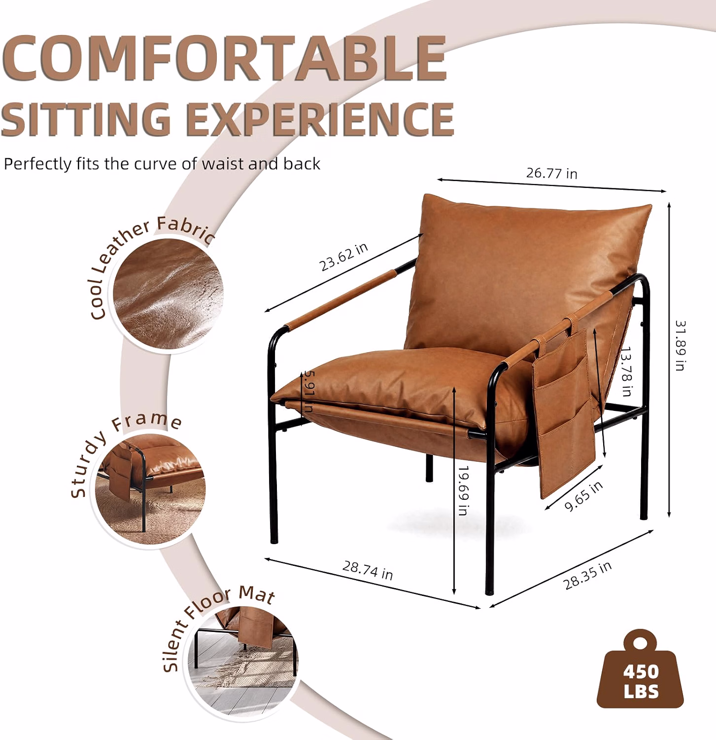 Modern Accent Chair, Comfy Armchair, Waterproof Living Room Chair with Storage Pocket, Upholstered Lounge Chair with Metal Frame, Brown - Image 2
