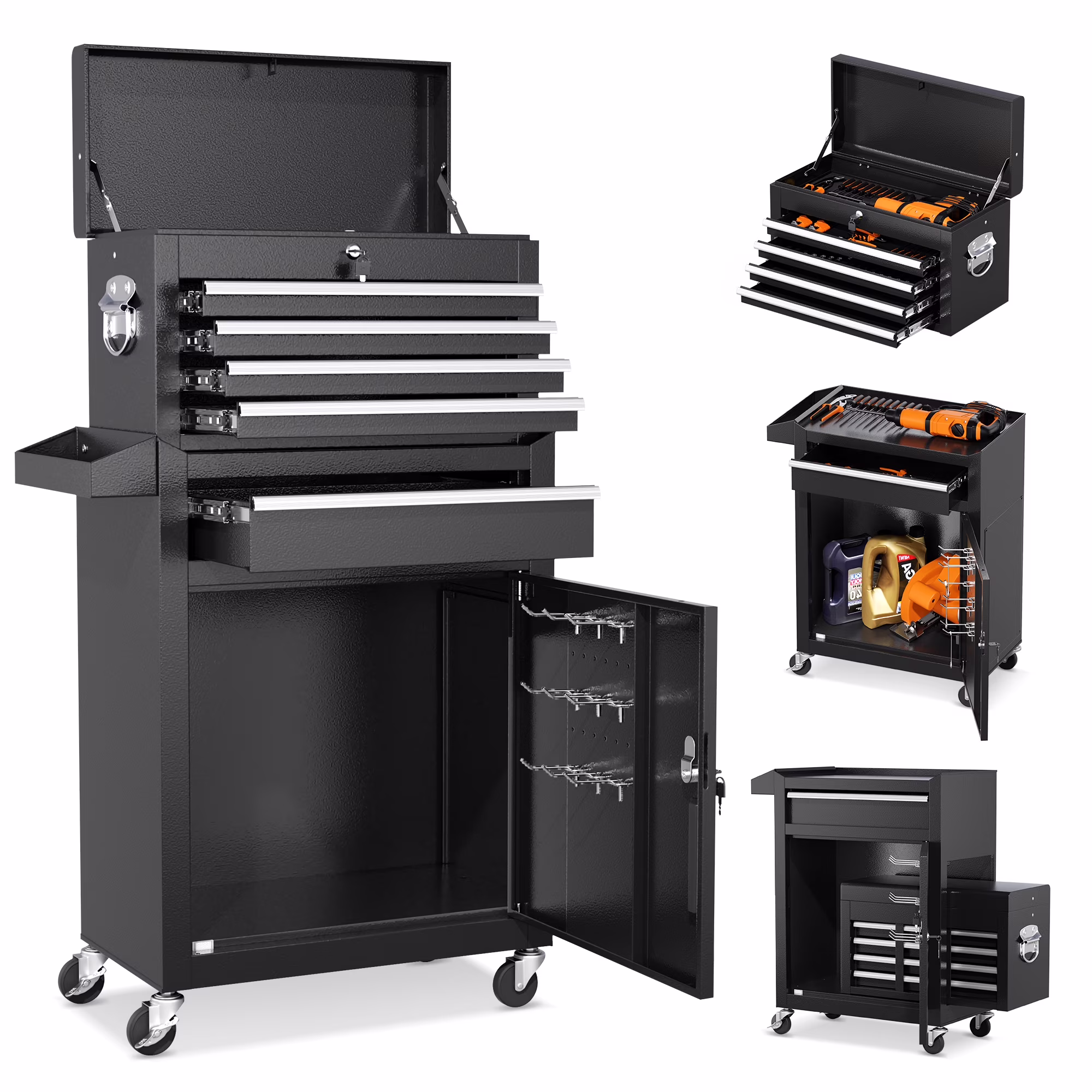 SUNCROWN 2-IN-1 Tool Chest, 8-Drawer Rolling Tool Chest with Hooks and Lockable Wheels,Metal Storage Detachable Top Tool Box with Lockable Wheels for Garage, Workshop, Art Studio(Black) - Image 7