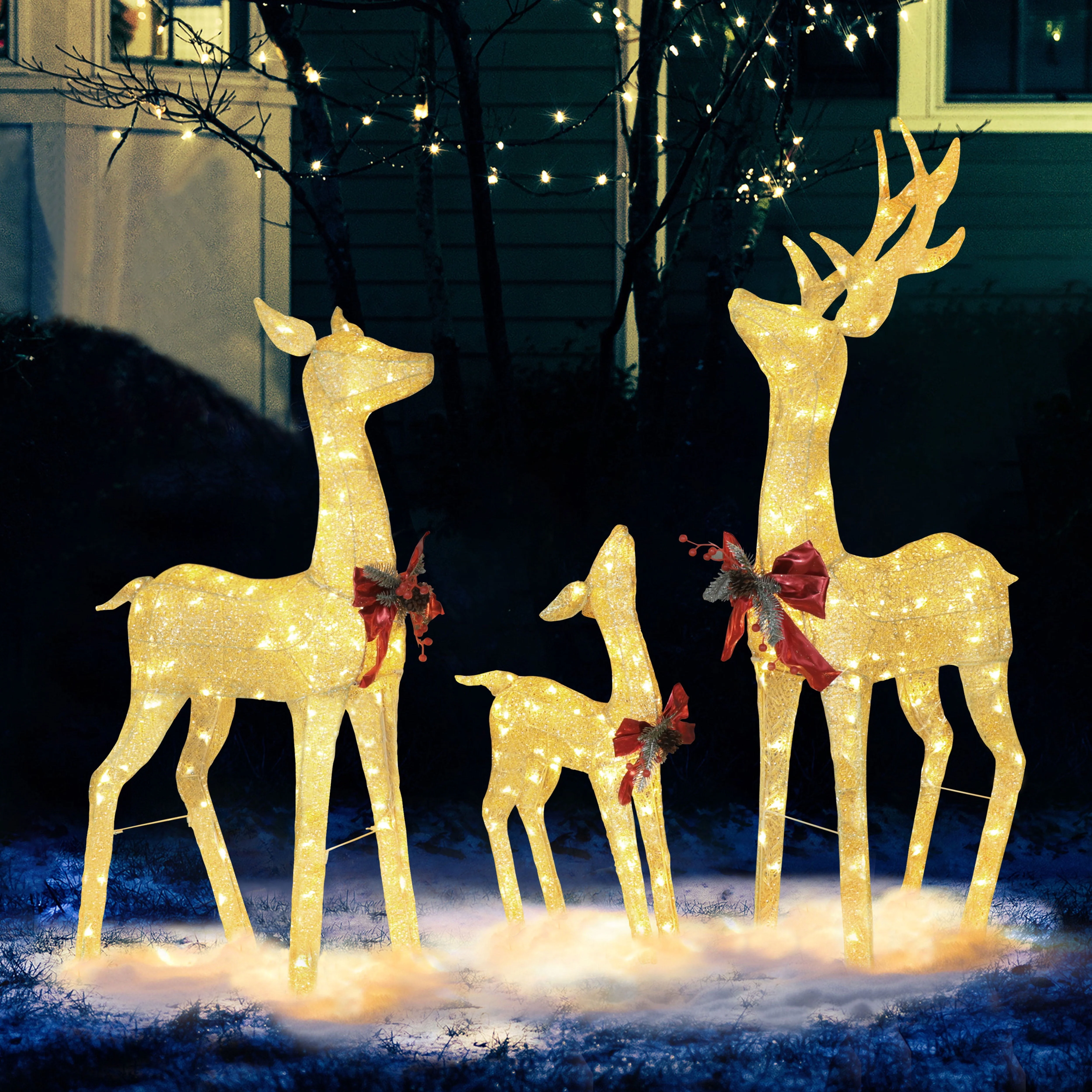 VEIKOUS Christmas Lighted Deer Family Set Outdoor Decor w/ 200 Warm Lights Reindeer Christmas Decor, Ground Stakes and Zip Ties, Gold - Image 2