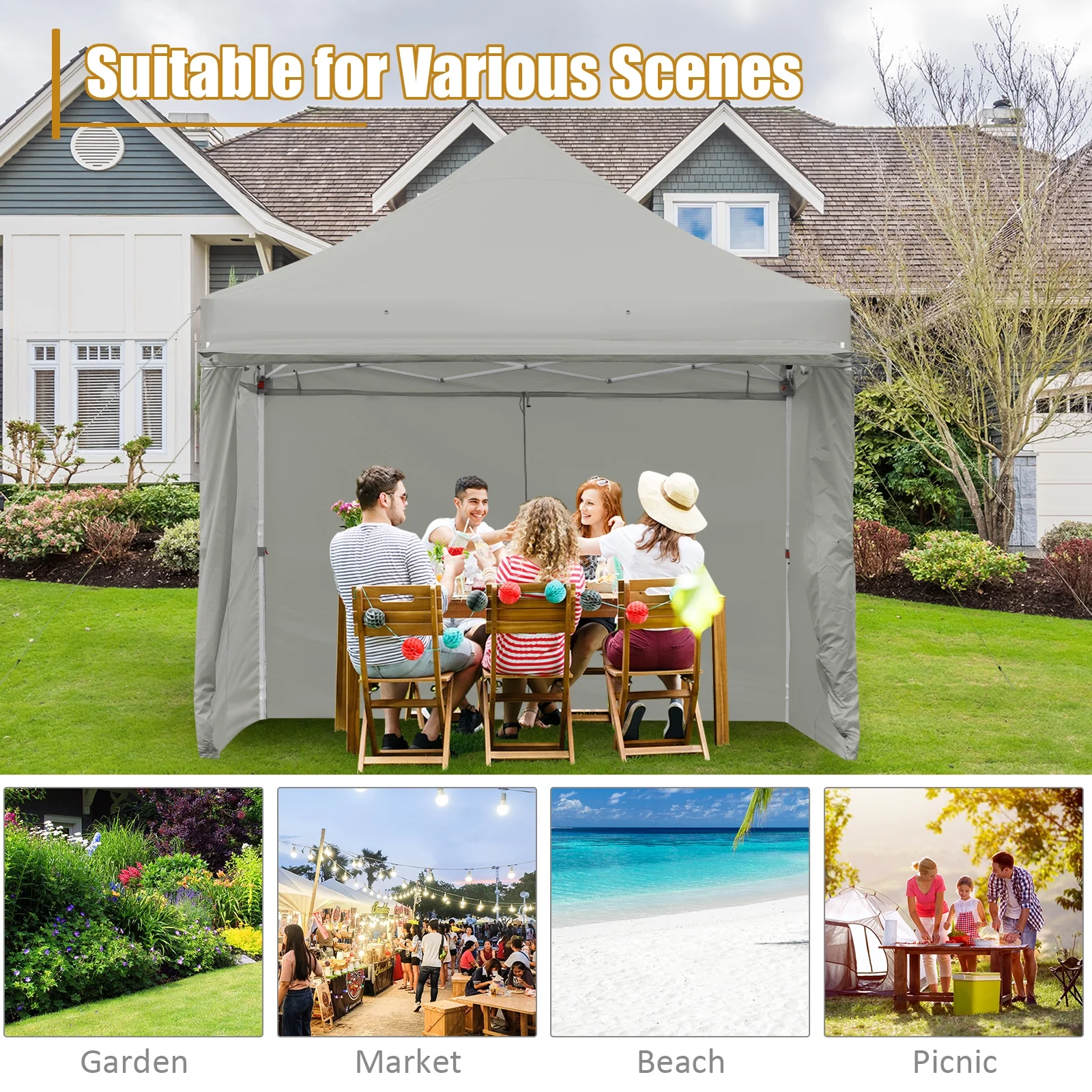 Patiojoy 10x10ft Pop up Tent, 4 Height Adjustment Folding Camping Tent with Awning Blue - Image 37