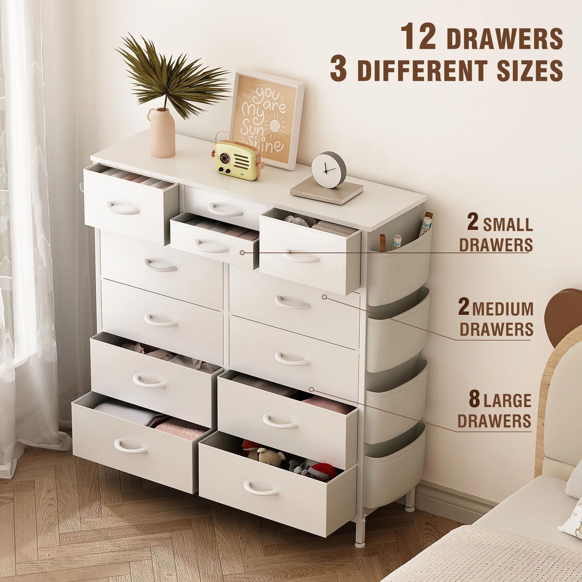 12 Drawer Fabric Dresser, Tall Bedroom Chest of Drawers with Storage - Image 40