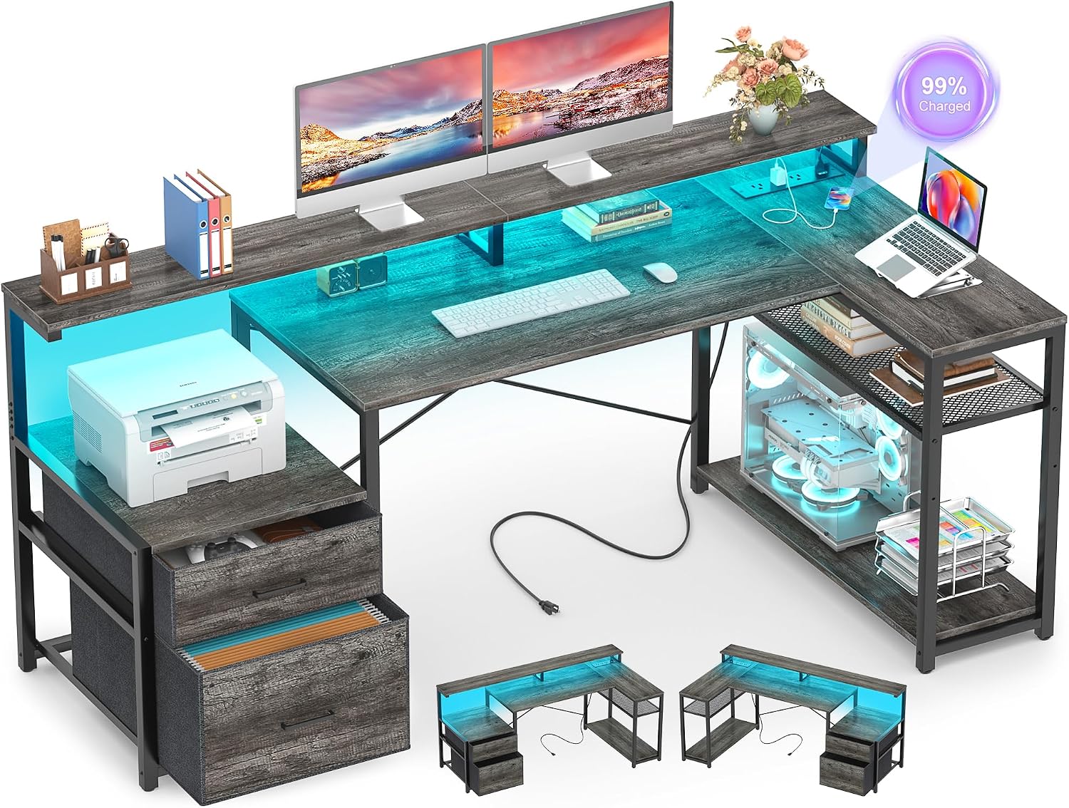 L Shaped Desk with File Drawer, Reversible L Shaped Gaming Desk - Image 4