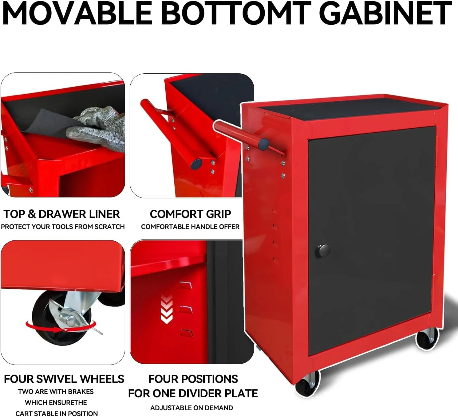 HPDAVV Detachable 3 Drawer Tool Chest Large Storage Cabinet and Adjustable Shelf Red - Image 5