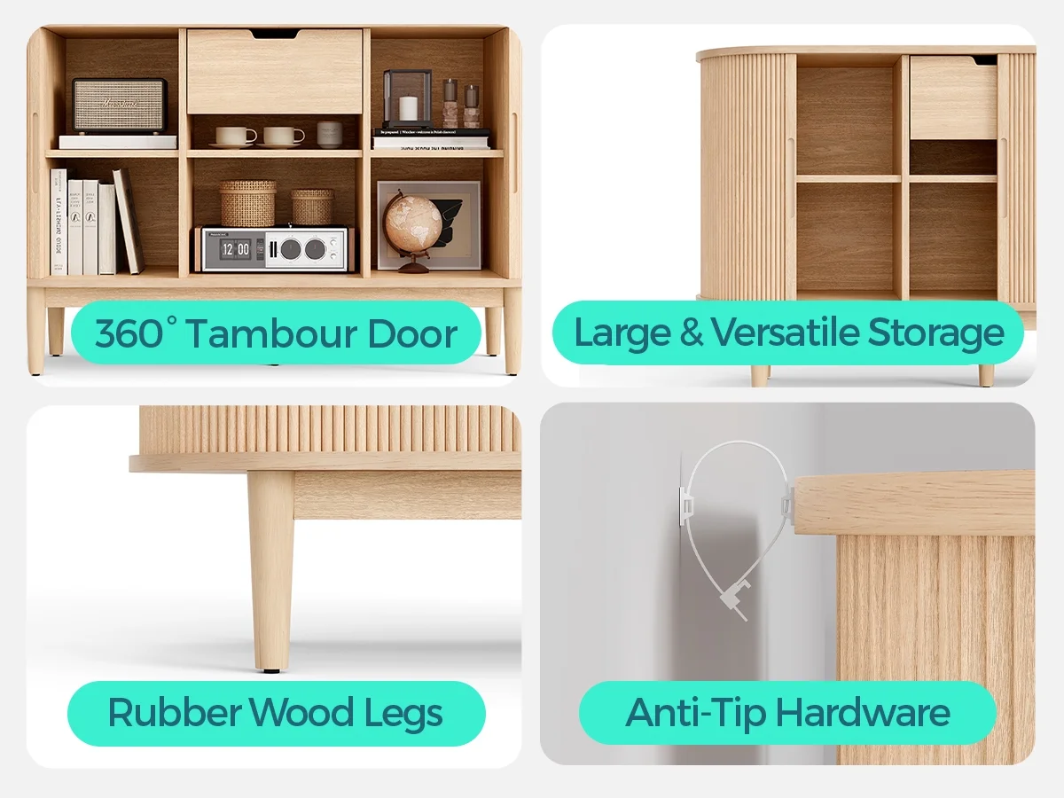 LINSY HOME Fluted Pantry Storage Cabinet, Kitchen Cabinets with Sliding Tambour Door, Wide Storage Cabinet with Removable & Adjustable Shelves for Dining Room, Living Room, Bathroom, Oak - Image 6