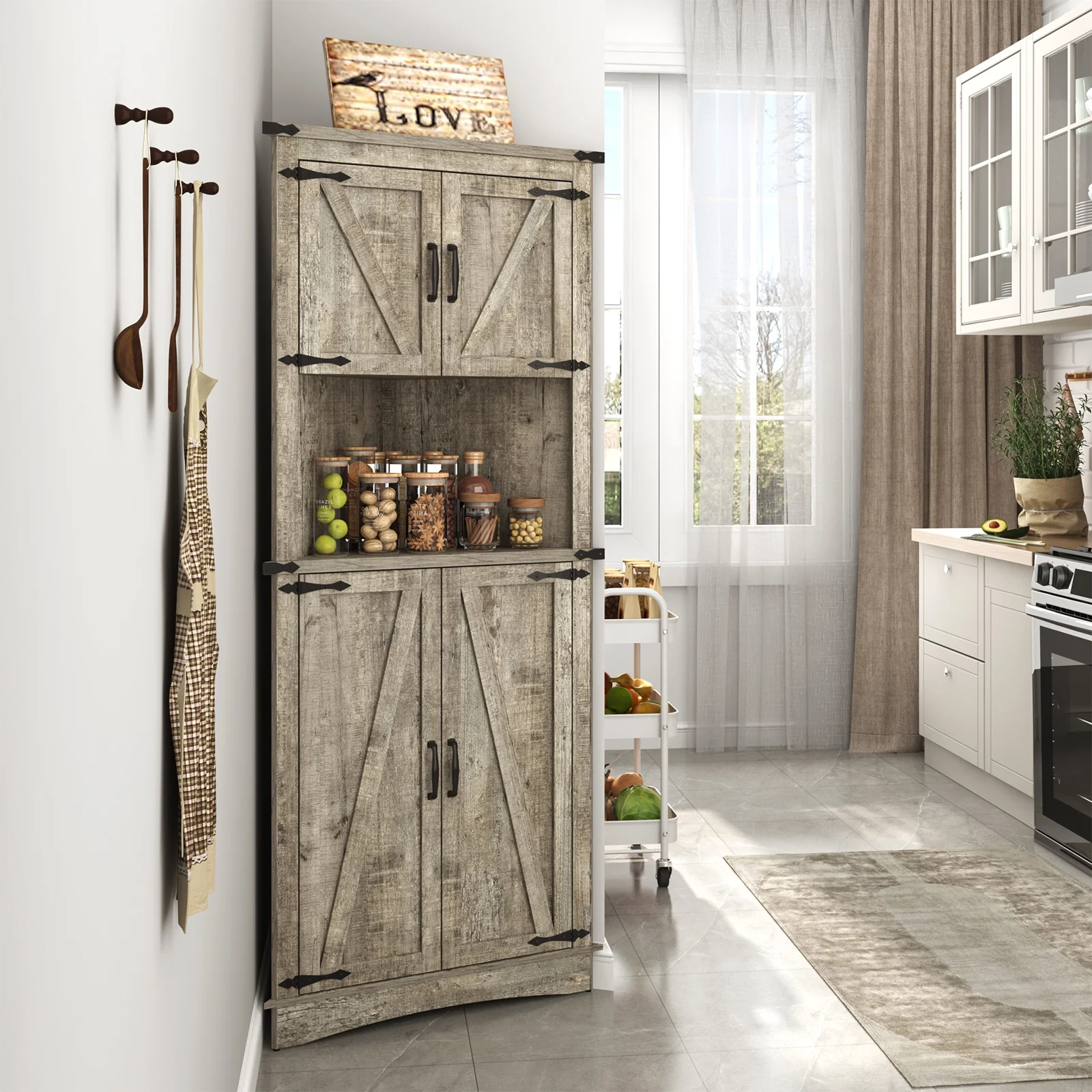 Blotout 68" Tall Farmhouse Corner Cabinet with 4 Doors, 28.3" W Barn Door Storage Cabinet with Adjustable Shelves, 5 Tier Corner Storage Cabinet for Bathroom,Living Room,Kitchen - Image 16
