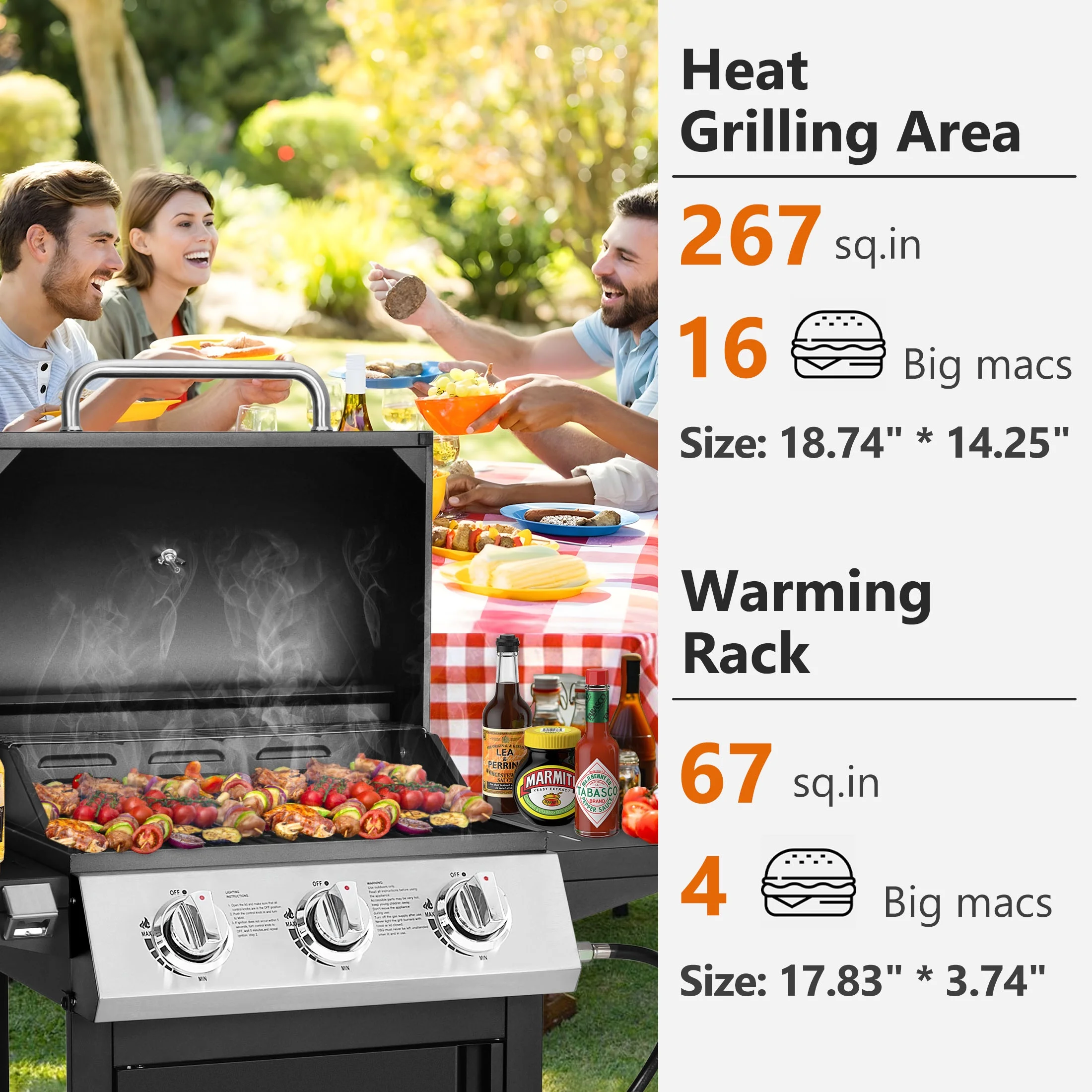 SEGMART 4 Burner BBQ Propane Gas Grill, Stainless Steel 40,000 BTU Patio Garden Barbecue Grill with Folding Side Tables, Cleaning Brush & Thermometer, Perfect for Camping, Outdoor Cooking - Image 12