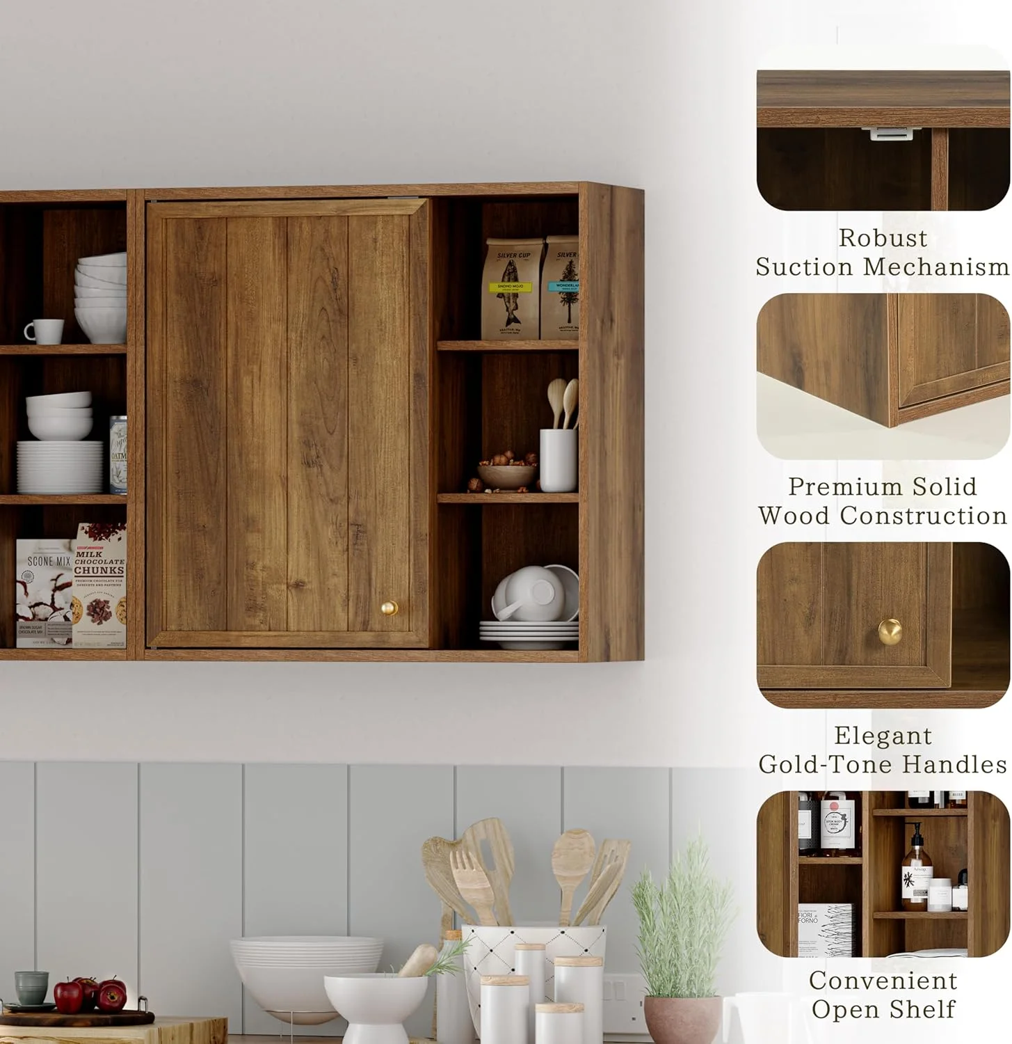 ANHDAH Rustic Wall Cabinet - Wooden Bathroom Storage with Shelf, Over-Toilet Mounted Cupboard for Kitchen, Laundry, Garage (Brown) - Image 8
