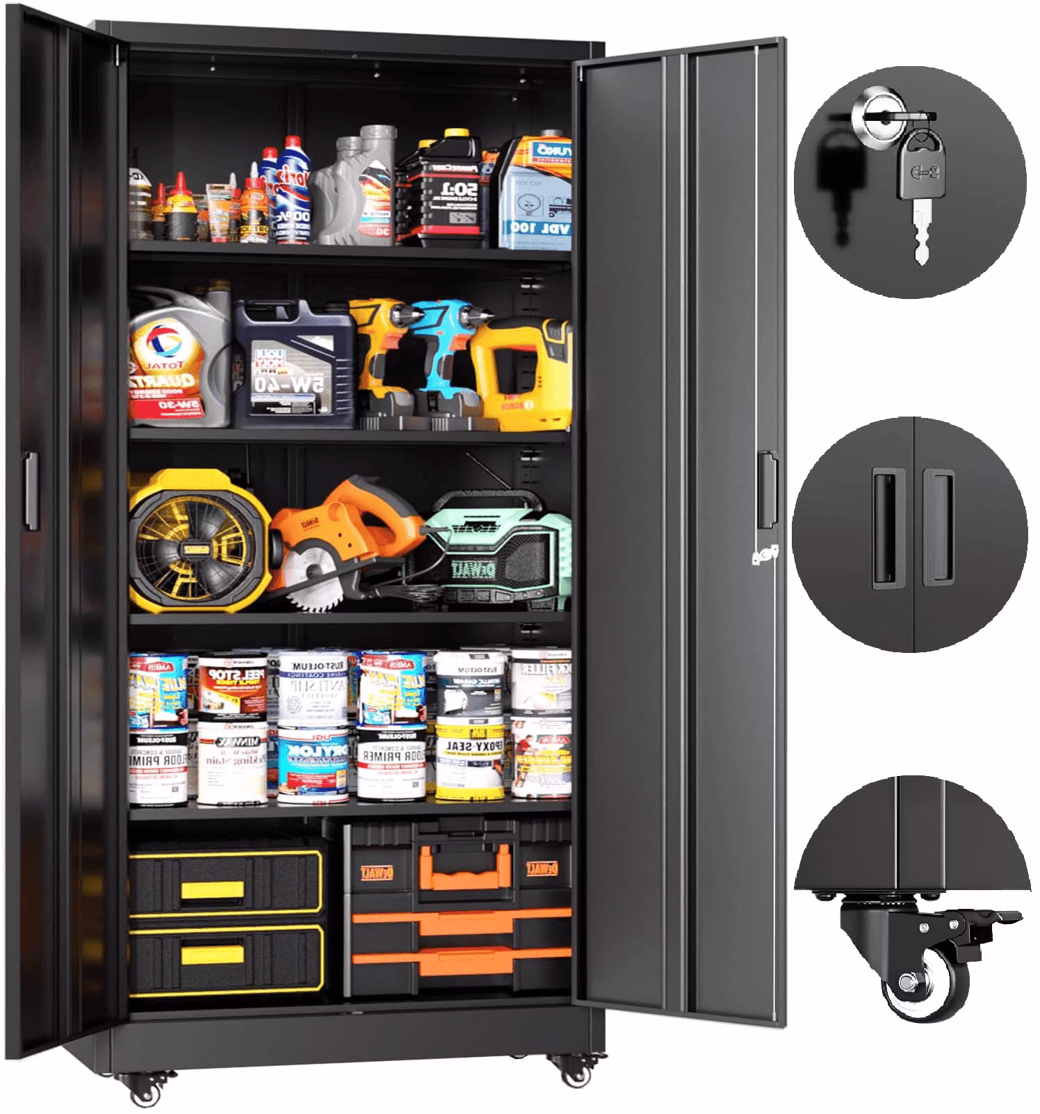 SOLAURA 73 in Metal Storage Cabinet with Wheels, Garage Rolling Cabinet with Locking Doors and 4 Adjustable Shelves, Lockable Tool Storage Cabinets for Garage, Home, Office(Black)