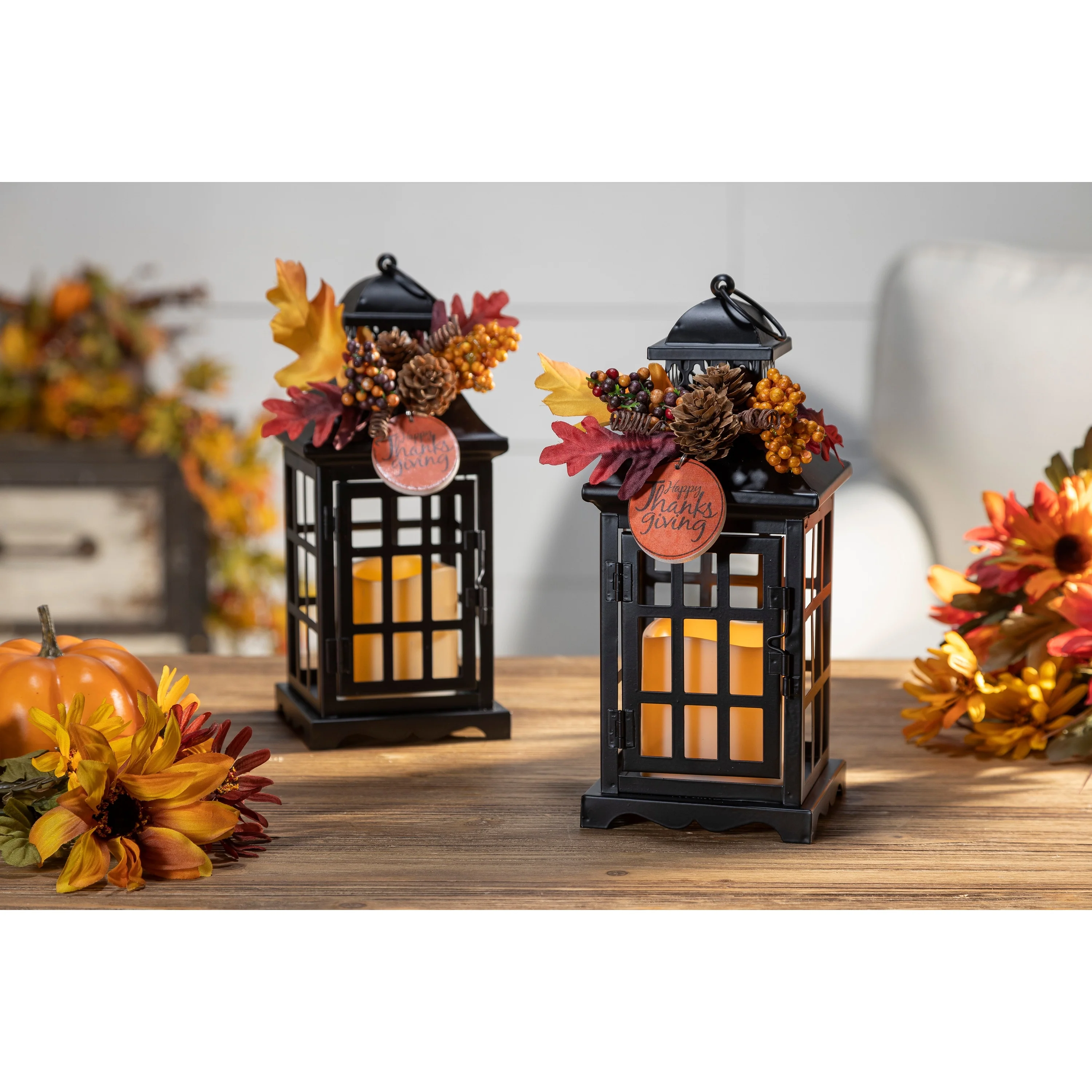 Set of 2 Autumn Lanterns with Fall Floral Accents, Decorative Seasonal Lanterns for Home, Porch and Table Decor - Image 2