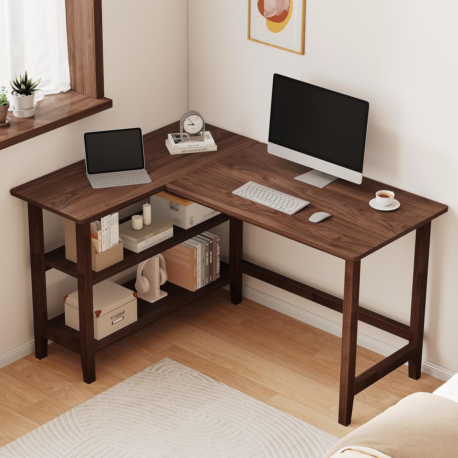 45" Reversible L-Shaped Office Desk with Storage Shelves, White - Image 6