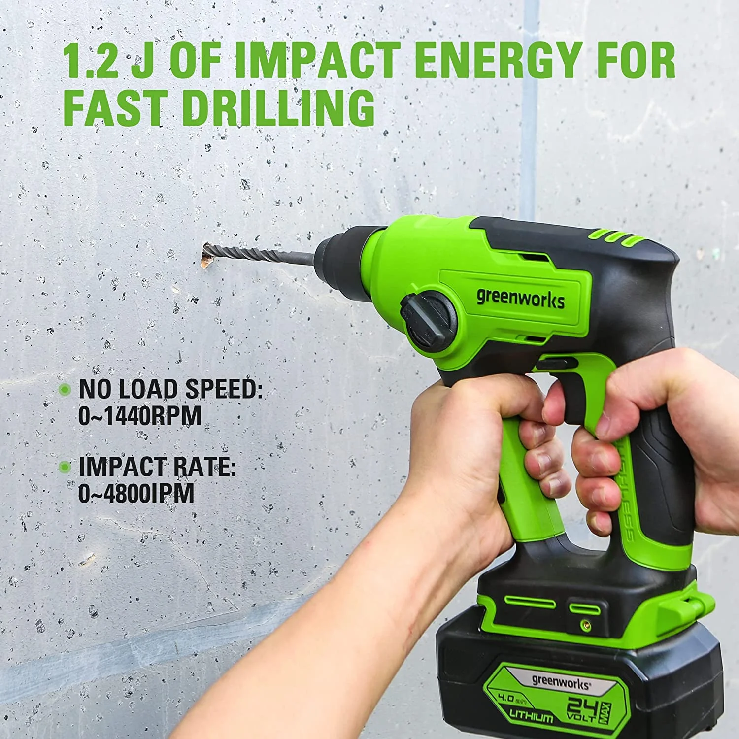 Greenworks 24V Brushless SDS 1.2J Rotary Hammer with 4Ah USB Battery and 2A (1H) Adaptor Charger - Image 3