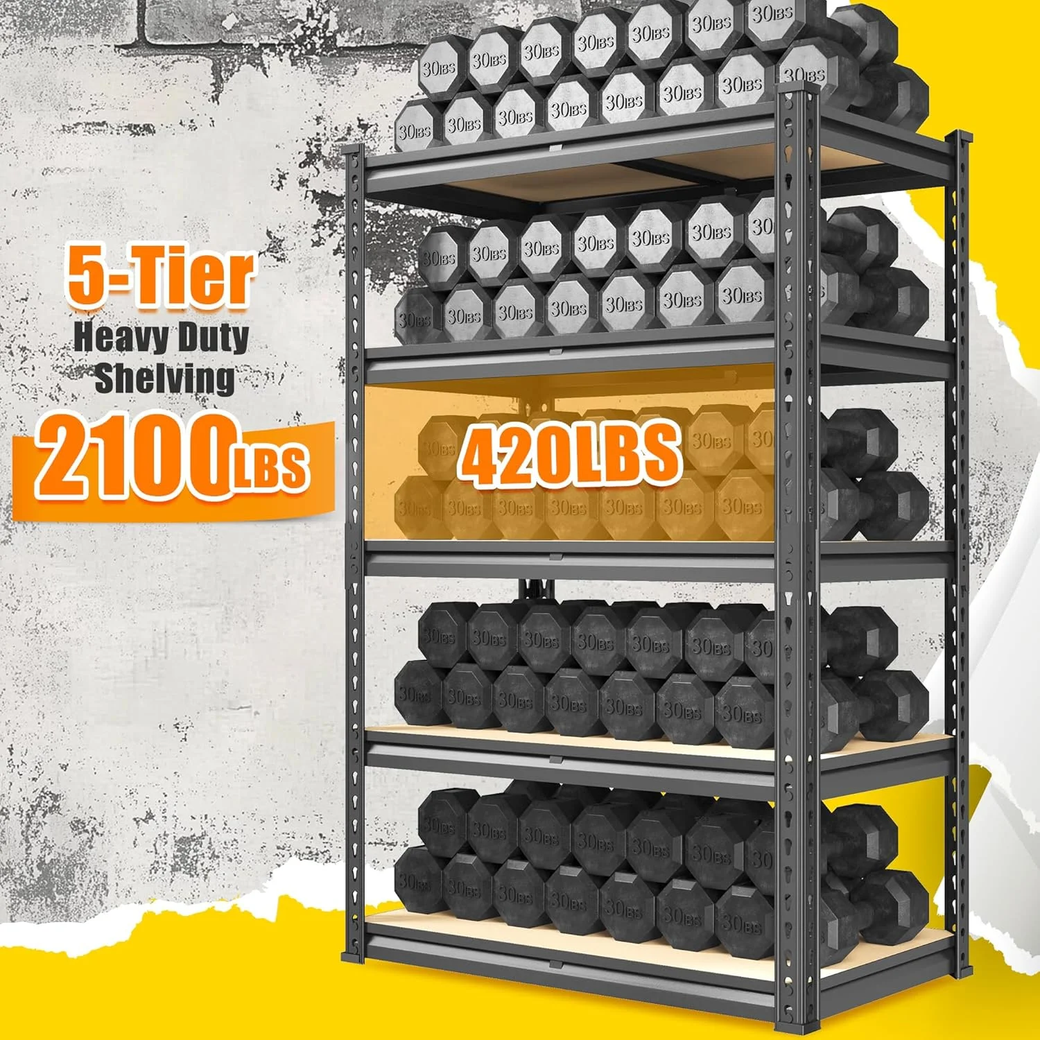 72.12" H Garage Shelving, Storage Shelves Load 2100LBS, 5-Tier Adjustable Shelving Unit with Thickened Wooden Boards for Multiple Scenarios, 72.12" H x 35.55" W x 11.85" D, Black - Image 4