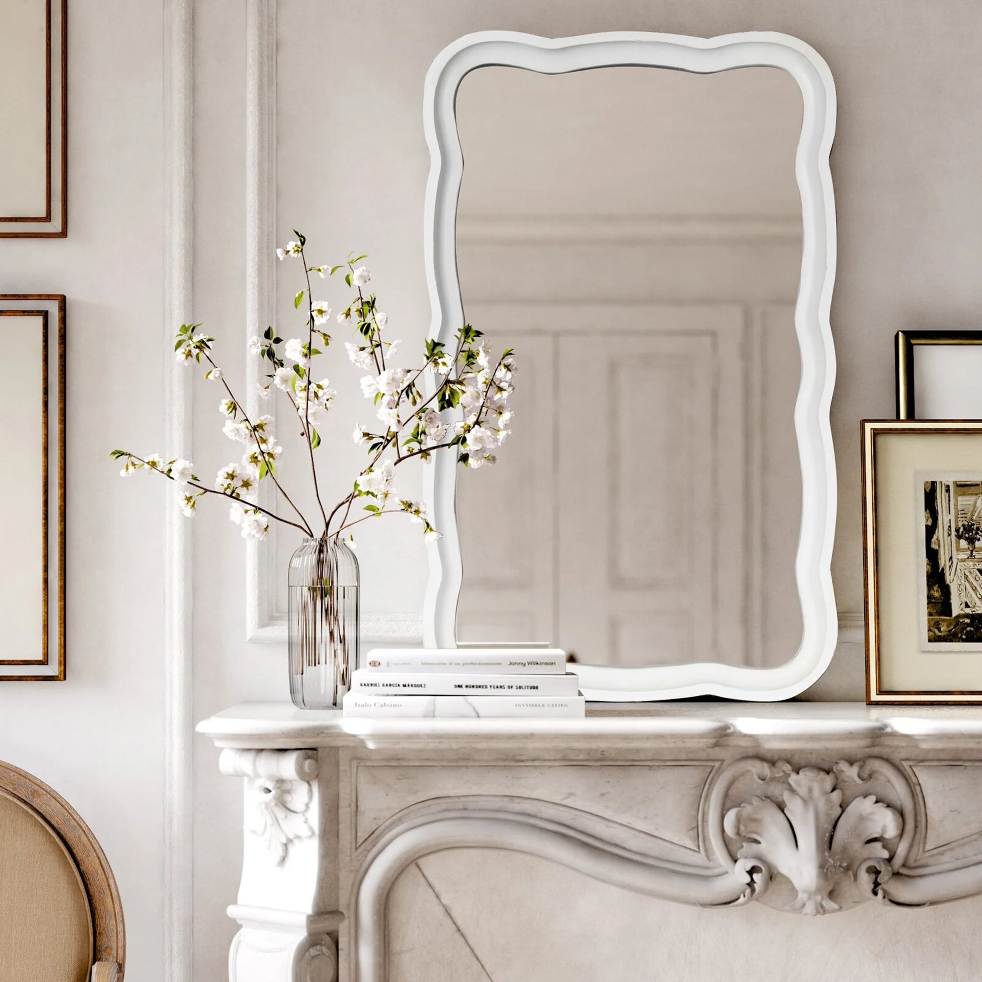 Curved Scallop Wood Frame Accent Mirror, Modern Decorative Wall Mirror for Living Room, Bedroom and Entryway - Image 22