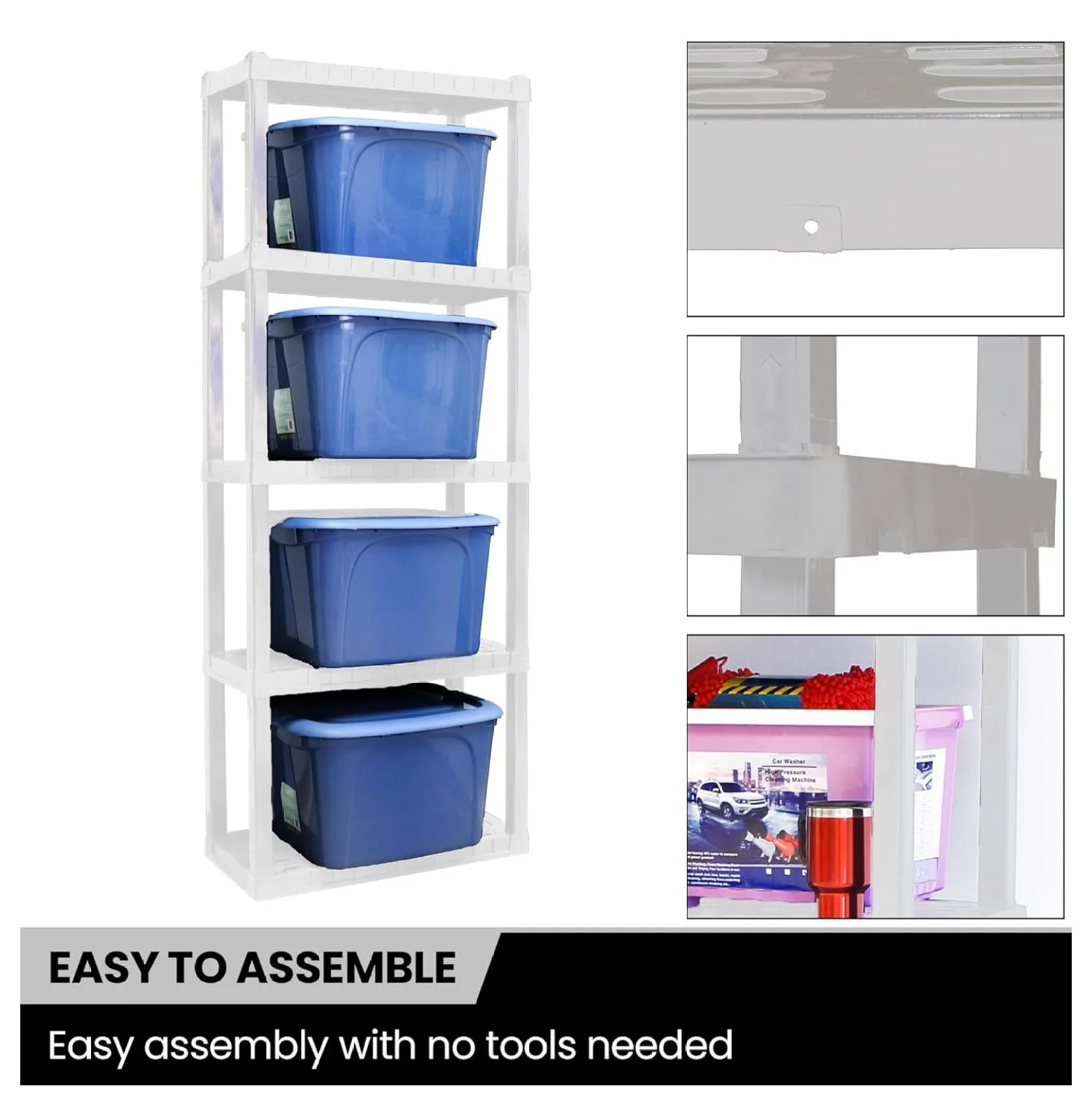 Oskar 5 Tier Plastic Shelves - Bathroom, Kitchen, Garage Storage - Heavy Duty, Stackable, No Tools, White 5-Tier-Small White - Image 4
