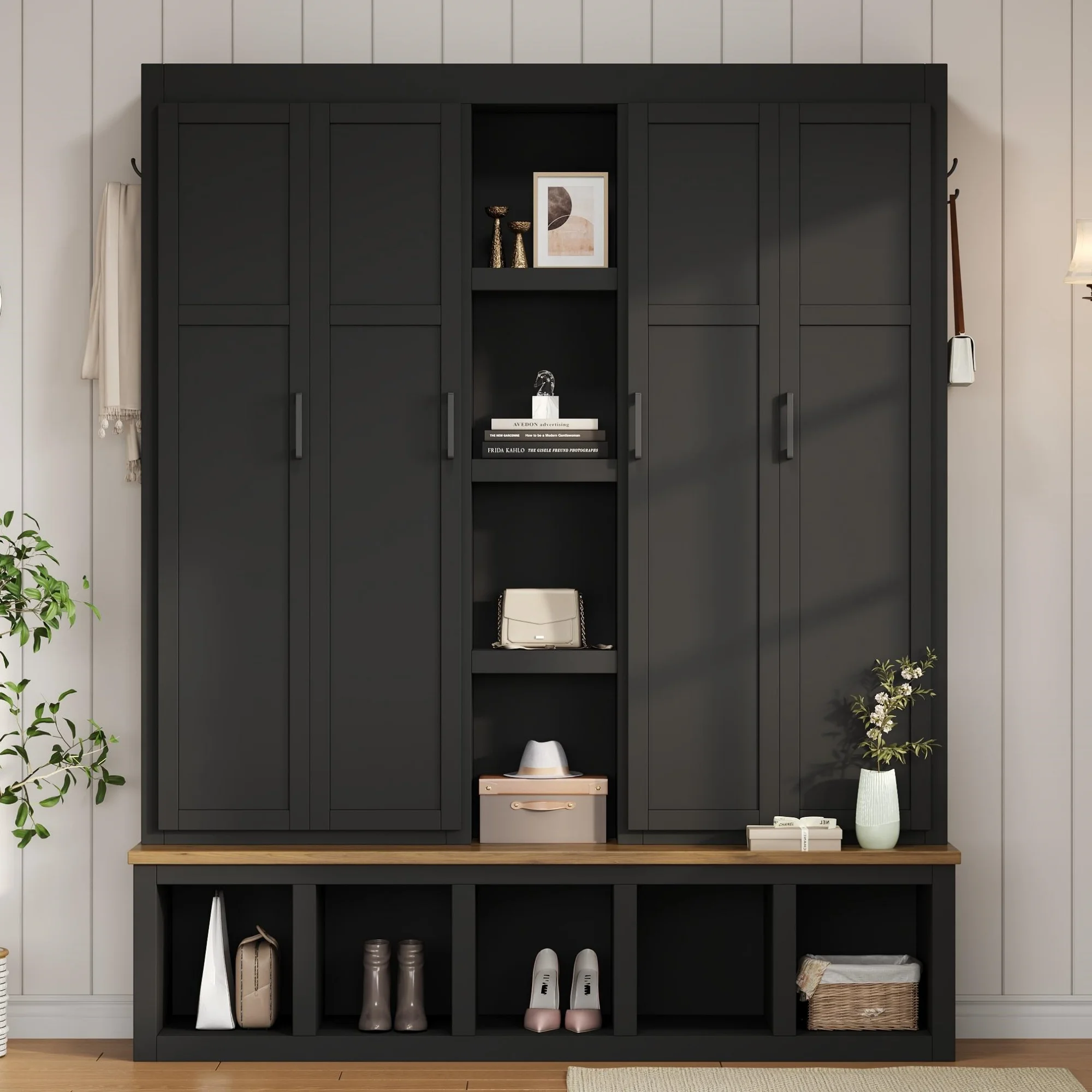 Euroco Modern Farmhouse Hall Tree -C 4-in-1 Entryway Bench with Cabinets, Hooks & Shoe Storage, Wood-Grain Finish, Handles, Anti-Tip Safety - Image 2