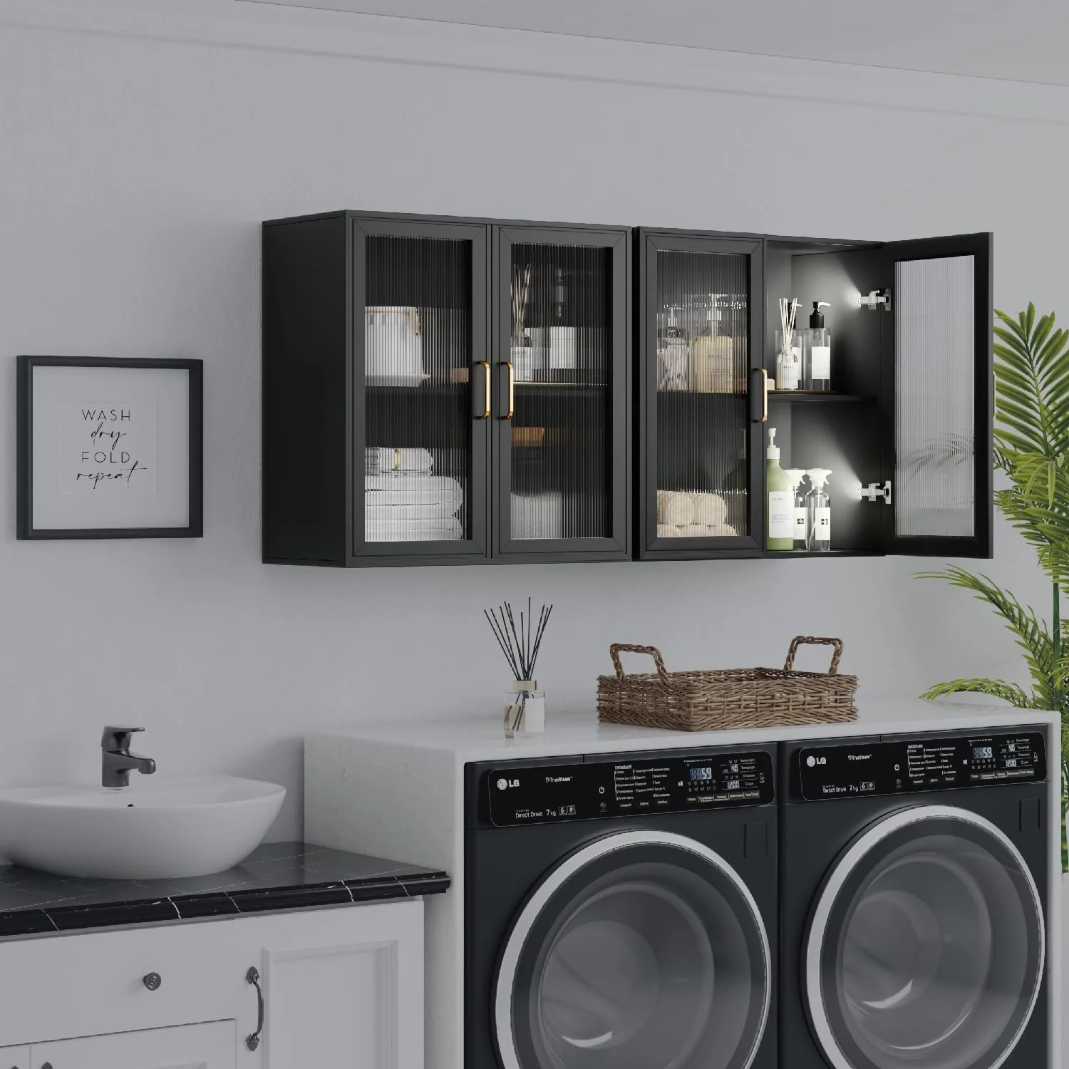 Wall Storage Cabinets - Led Upper Kitchen Laundry Wall Mounted Cabinets with Acrylic Glass 3 Doors and Shelves, 36'Wide - Image 10
