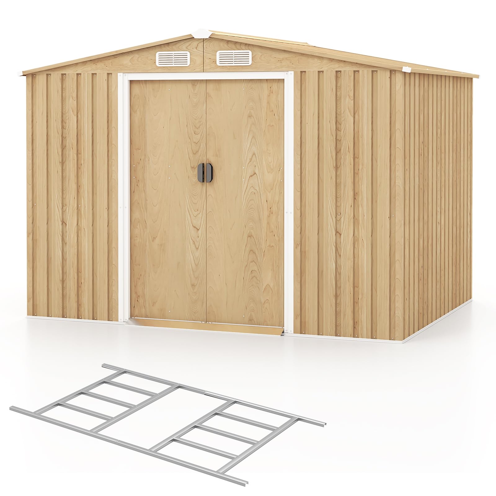 8' x 6' Metal Storage Shed – Woodgrain Outdoor Tool House with Base Floor & 4 Vents - Image 2