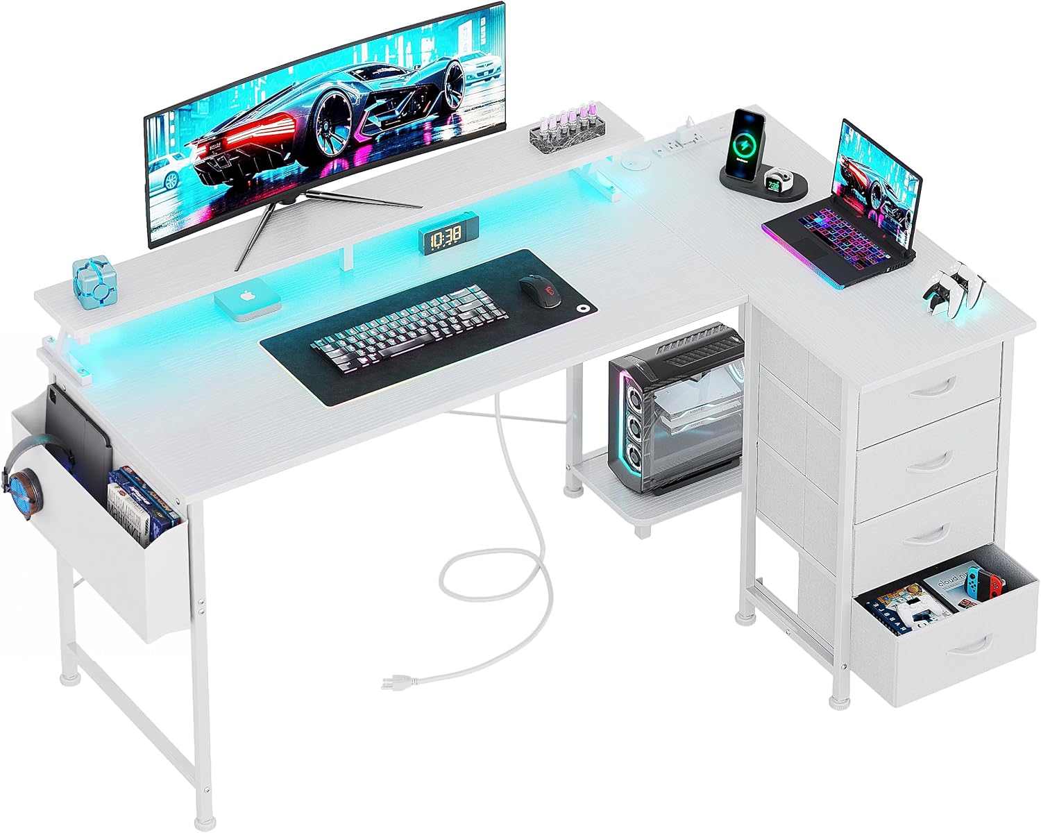 47" Reversible L Shaped Gaming Computer Desk, Corner Desk with Power Outlets & Monitor Stand, Writing Study Table with 4 Storage Drawers, Desk with LED Lights, White - Image 4