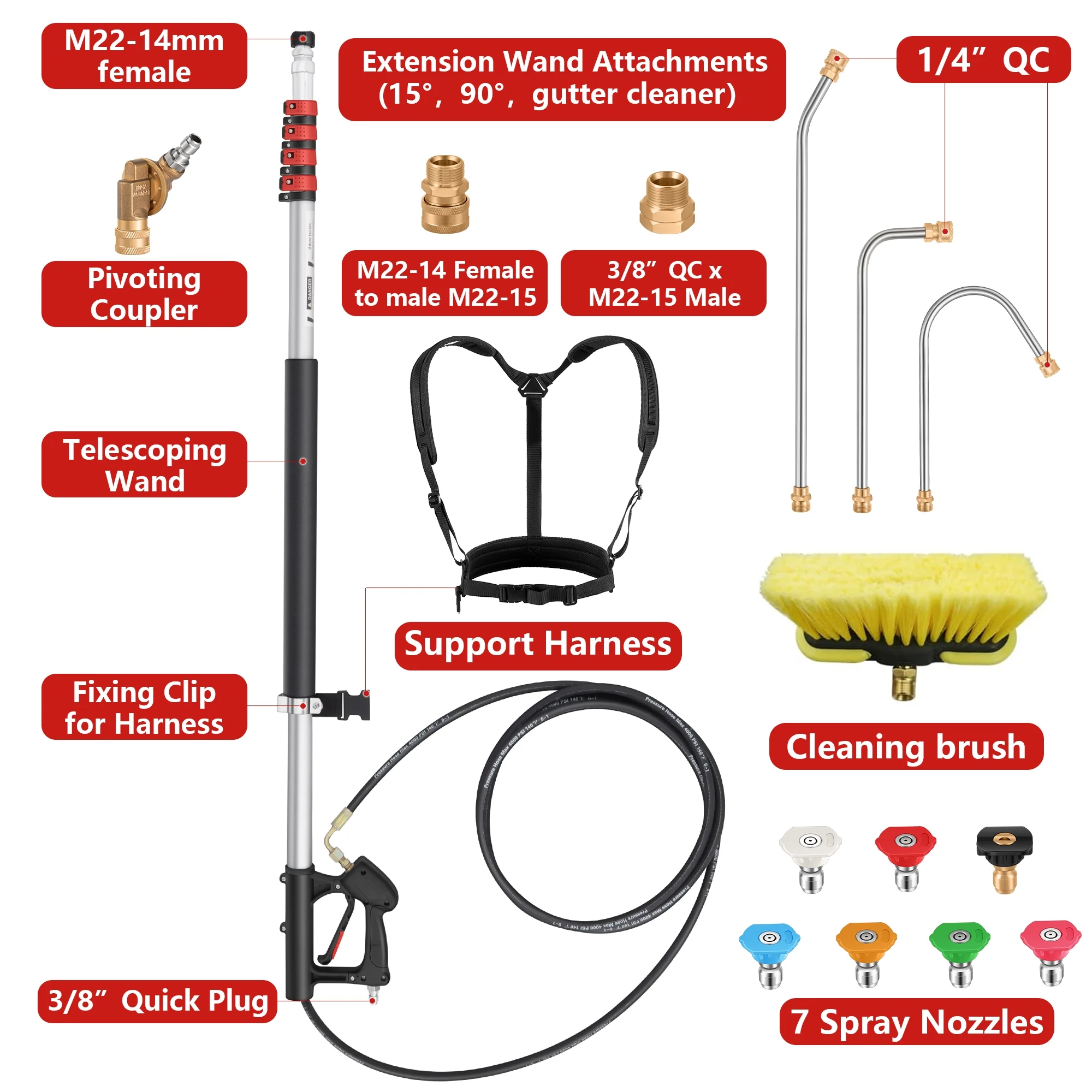 24 FT Gutter Cleaning Tools from The Ground - Telescoping Pressure Washer Wand - Gutter Cleaner Attachment with Power Washer Extension Wands, Brush, 7 Spray Nozzle Tips, 2 Hose Adapters, Support Belt - Image 5