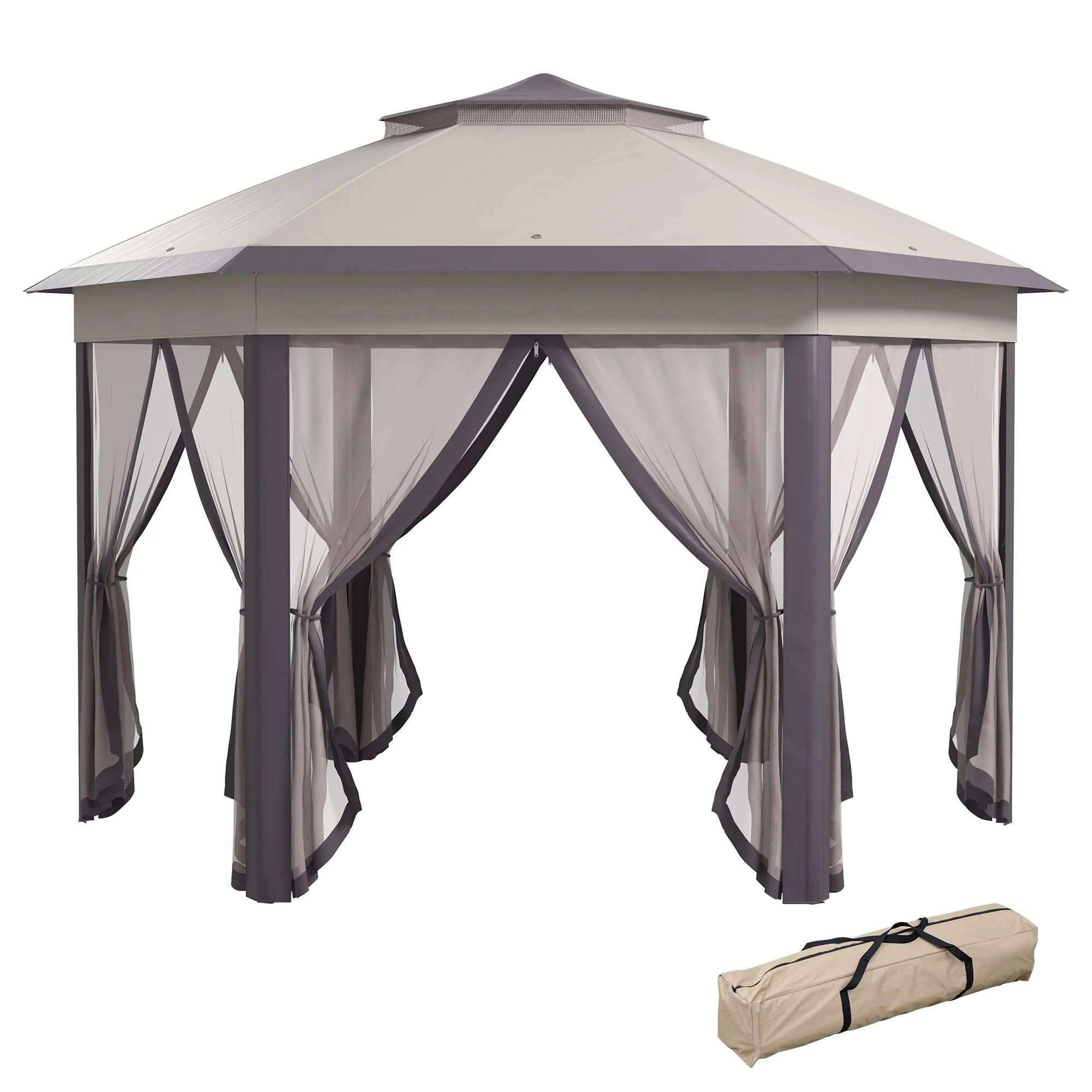 Outsunny 13' x 13' Pop Up Gazebo Hexagonal Canopy with 6 Zippered Mesh Netting, 2-Tier Roof Event Tent with Steel Frame for Patio Backyard, Gray - Image 20