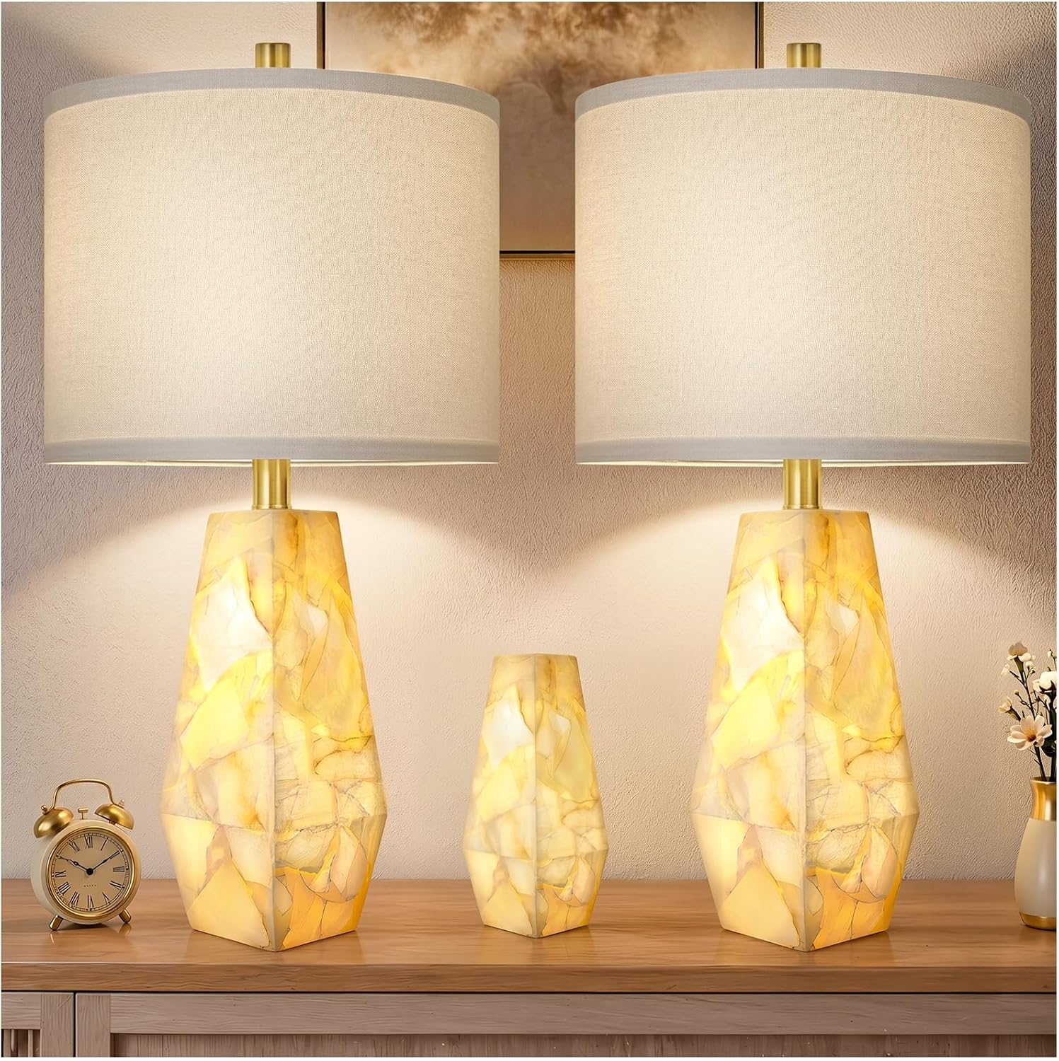 Alabaster Table Lamps with Night Light, Bedside Lamp with USB A+C - Image 7